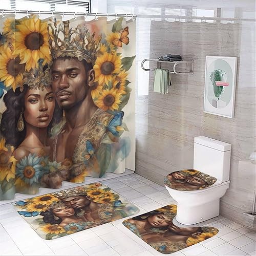 Miniatura 2 de ZGDPBYF Afro Couple Vintage Floral Flower Romantic Love Bathroom Rugs and Mats Sets 3 Piece, Butterfly Bathroom Rugs Non Slip, Bath Mat Machine
