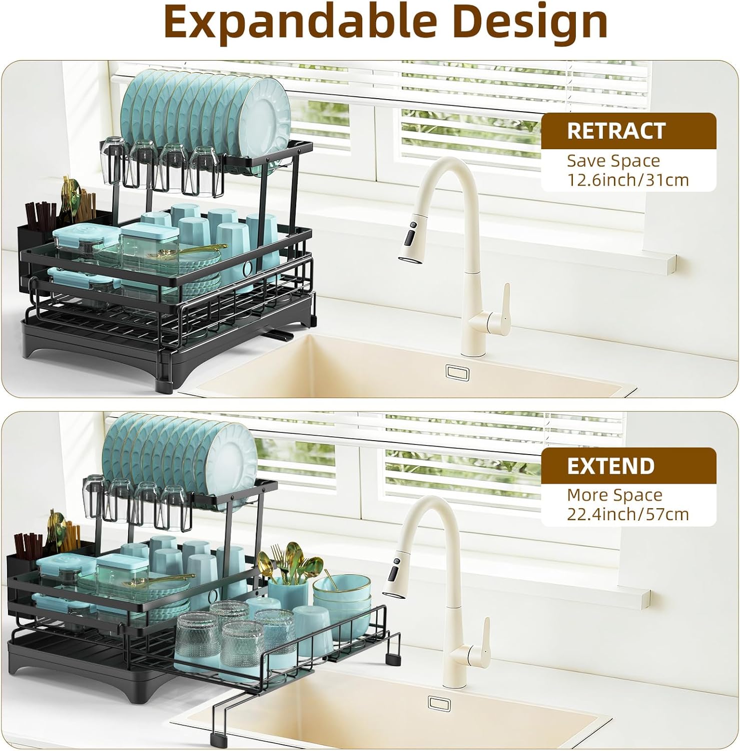 AULEEP 2 Tier Dish Drying Rack, 2-in-1 Expandable Dish Drying Racks for Kitchen Counter, Anti-Rust Large Dish Drainers for Kitchen Sink with Dish Drying Mat, Cups Holder, Utensil Holder