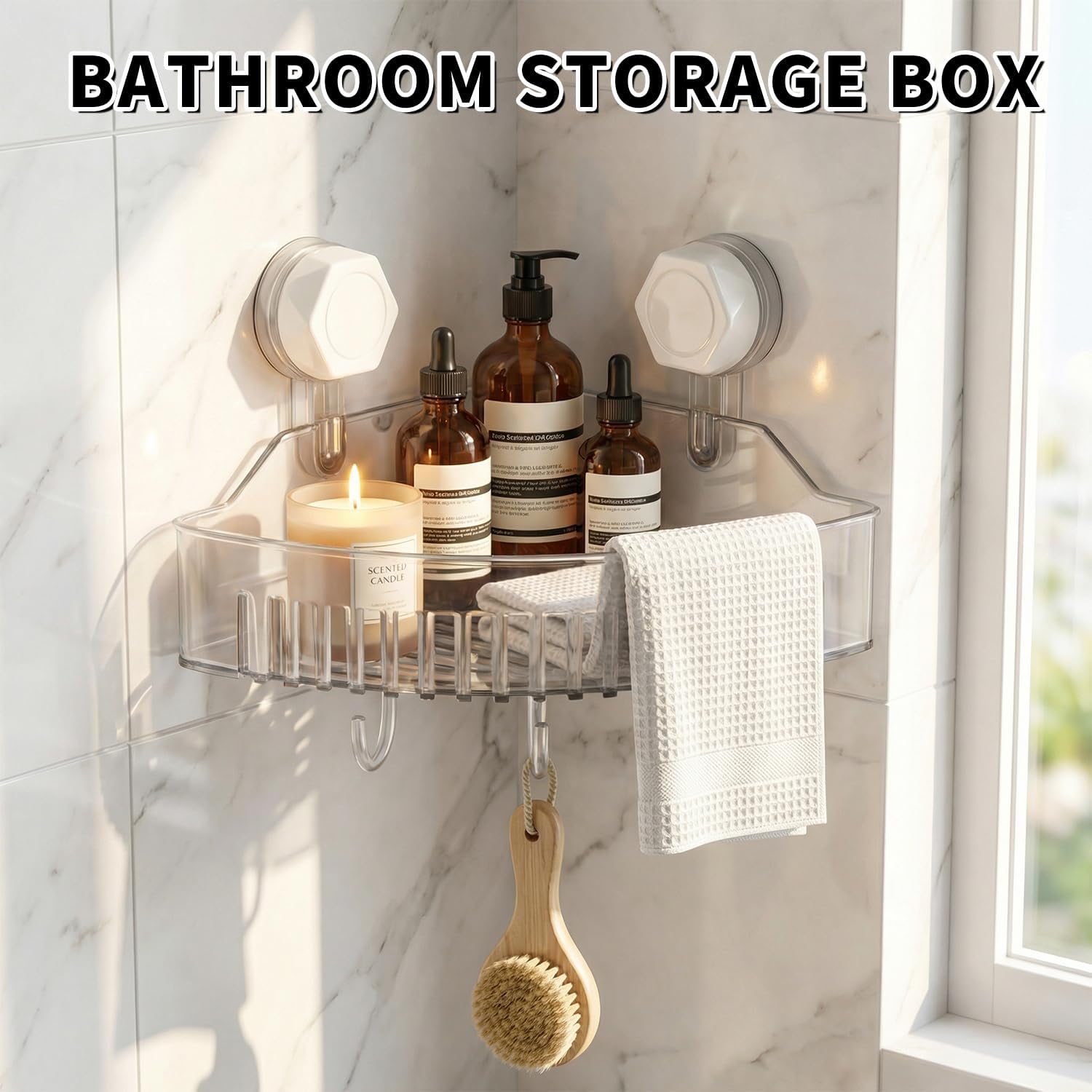 No-Drill Bathroom Suction Storage Box, Large Capacity Strong Load-Bearing Suction Cup Storage Rack with Drain Holes, Removable Corner Shower Caddy Hanging Wall Mount Kitchen Organizer (2)