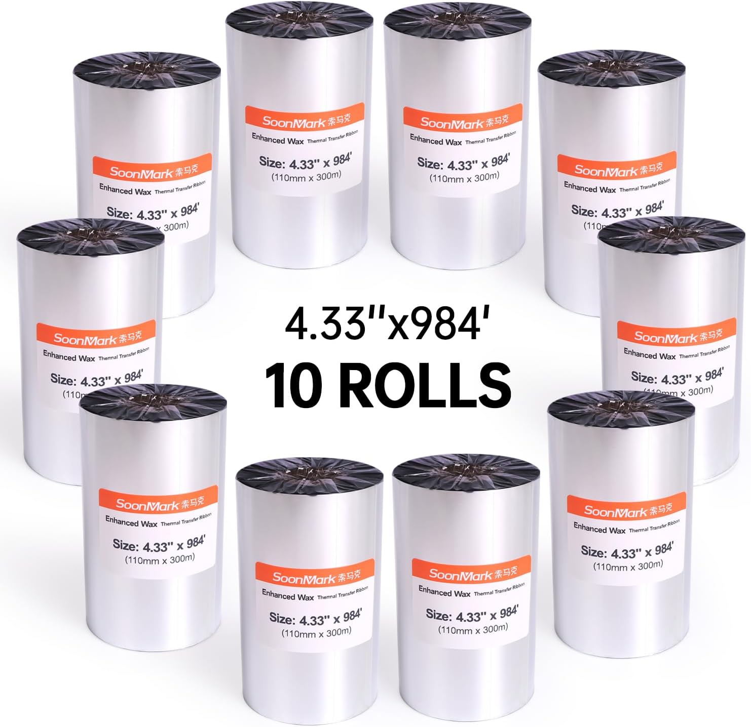 10 Rolls 4.33" x 984' (110mm X 300m) Thermal Transfer Wax Resin Ribbon for Label Tag Barcode Printing for Zebra,TEC,DATAMAX,etc
