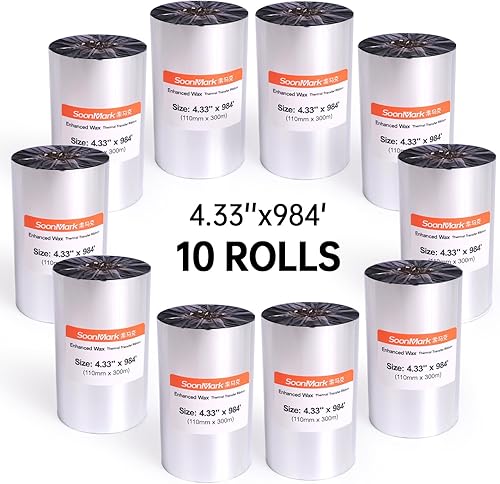 10 rollos de cinta de resina de cera de transferencia térmica de 4.33 pulgadas x 984 pies (4.331 in x 984.3 ft) para etiquetas de impresión de