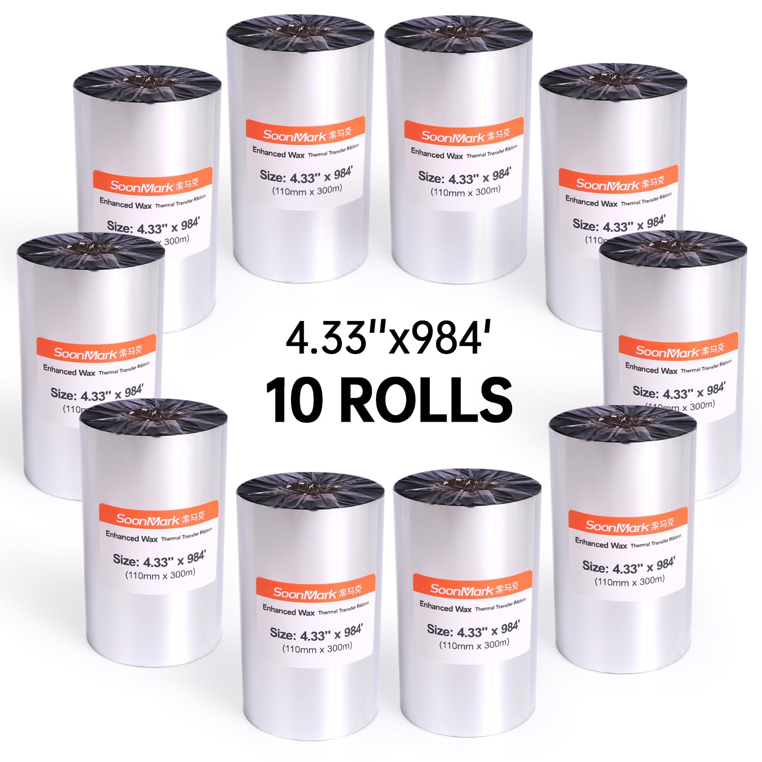 10 Rollen 110 mm x 300 m Thermo-Transfer-Wachsband für Etiketten, Barcode-Druck für Zebra, TEC, DATAMAX etc.