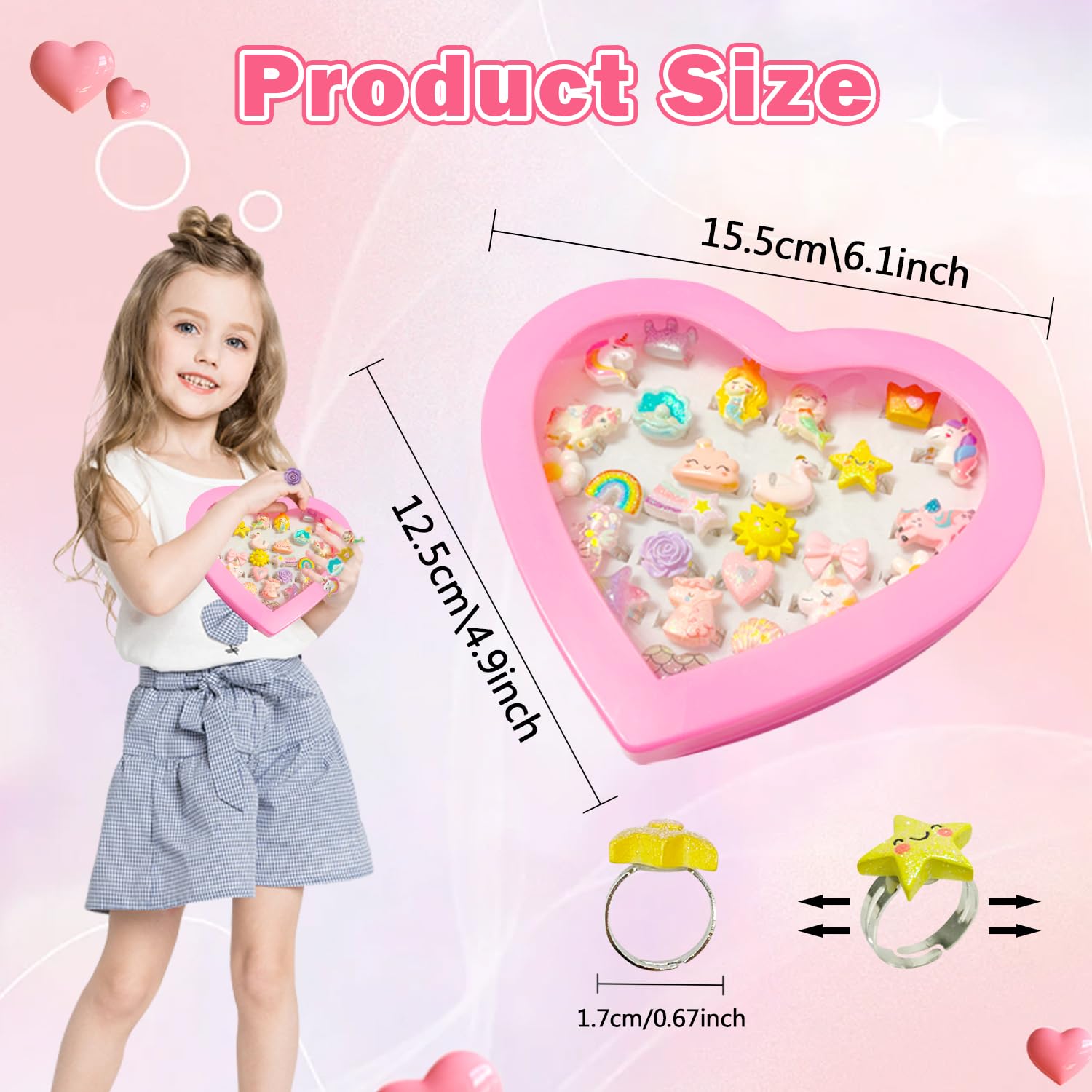 Yeefunjoy 26 Pieces Anillos Niña, Anillos para niñas, Anillos Ajustables con Caja en Forma de Corazón, Princesa Joyas Pretend Play Dress up Rings joyeria Unicornio Fiesta Cumpleaños Regalos para Niños