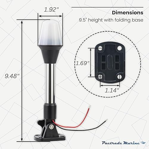 Miniatura 4 de Pactrade Marine Luces de navegación para barcos Luz LED blanca de popa de 9.5 pulgadas (montaje en superficie, base plegable) Accesorios de barco