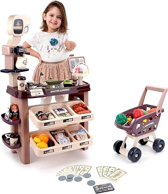 deAO Supermarket Playset for Kids Grocery Store Pretend Play Role Market Stall Toy Shop with Shopping Cart, Plays Kitchen Set for Toddlers,Best Outdoor Playset for Kids