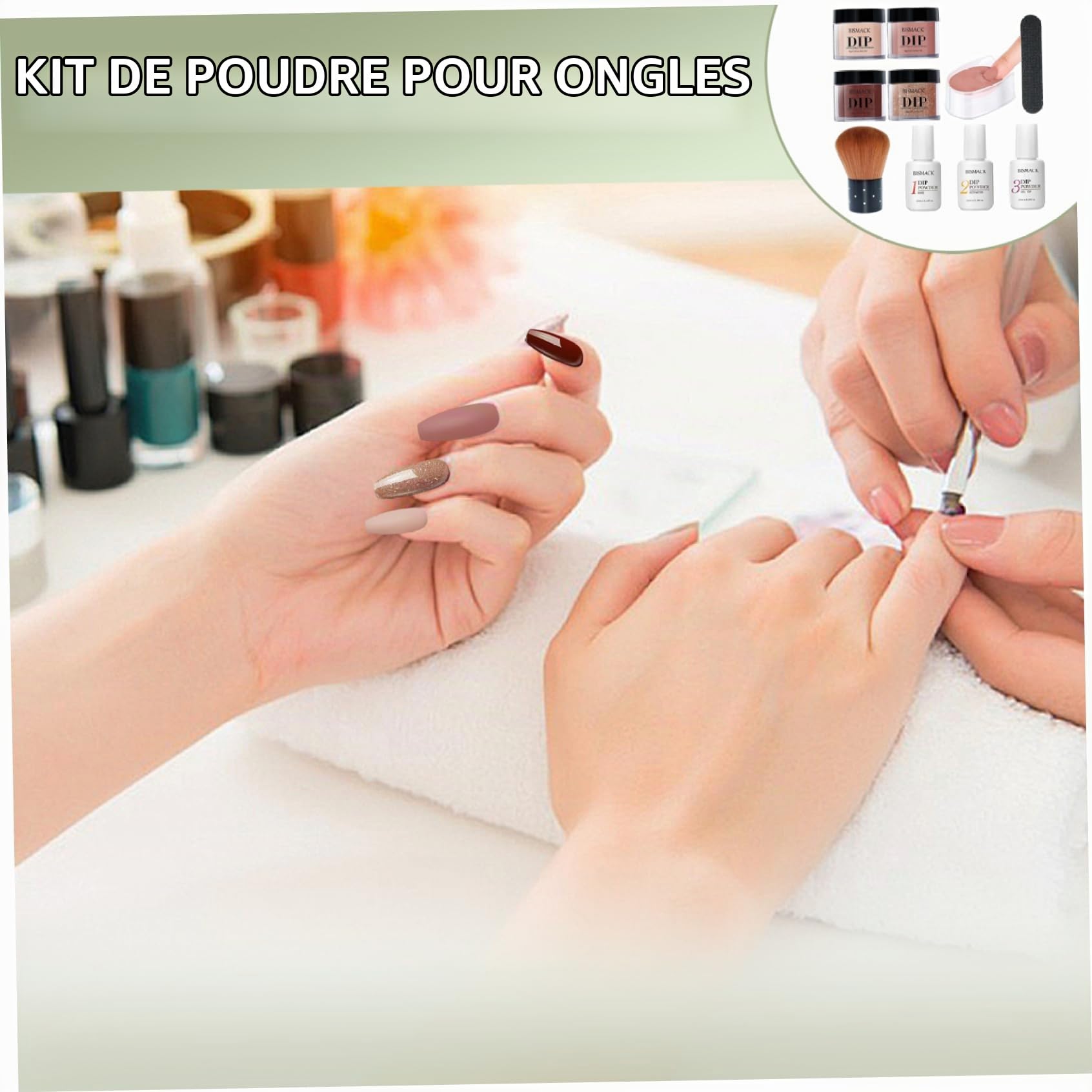 Kit de poudre de trempette 10pcs / ensemble, poudre trempette à 4 couleurs avec activateur base / couche finition, kits d'ongles pour bricolage, marron