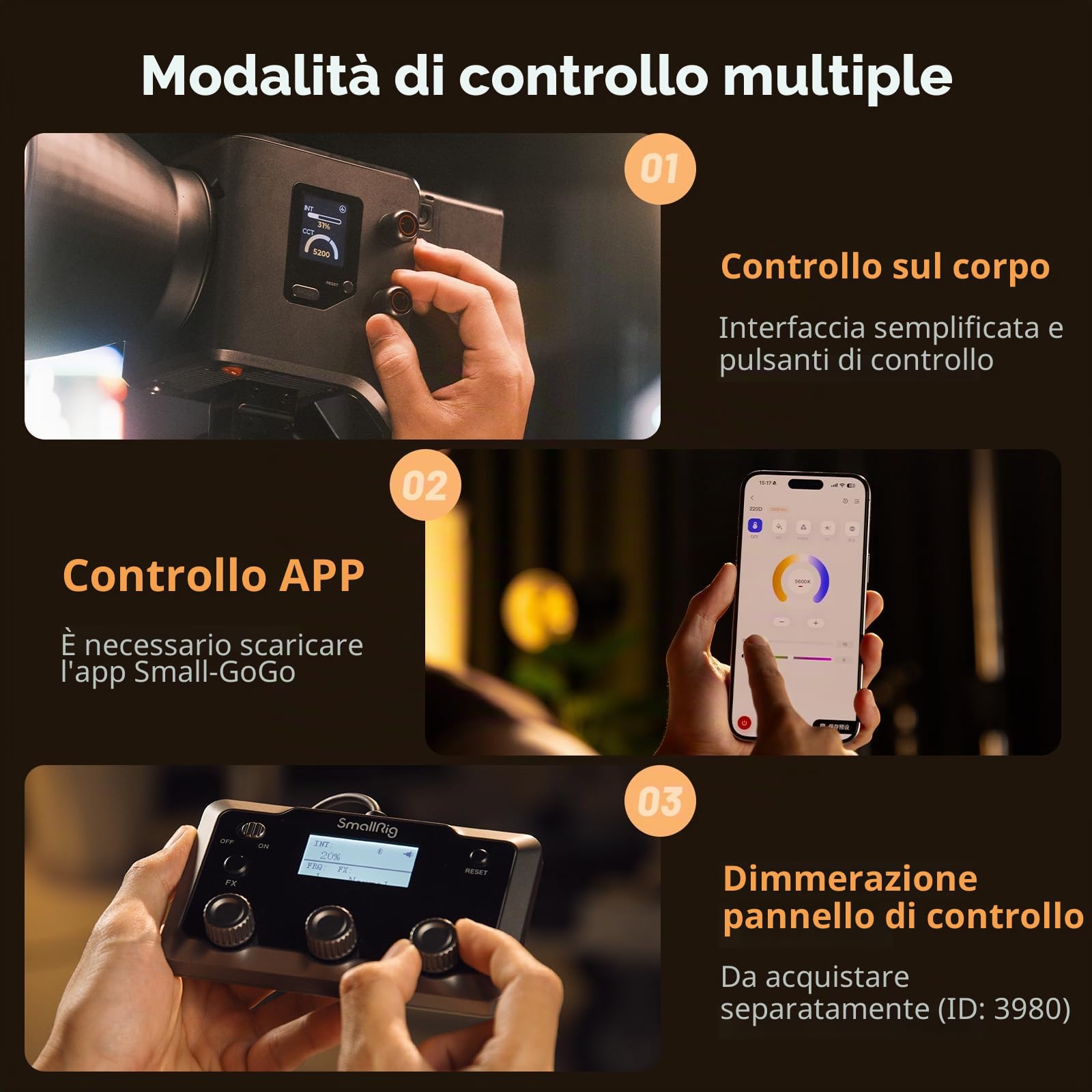 SMALLRIG RC 220B Pro Luce Video COB da 220 W, Luce Video Bicolore da 2700 K a 6500 K, Luce con montatura Bowens CRI 95+, Compatibile con 3 Metodi di Alimentazione - 4621