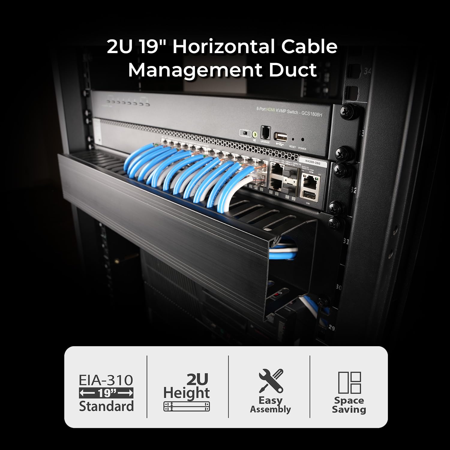 IOGEAR 2U GROHD2U Gestion de câbles horizontale de 48,3 cm avec couvercle et vis de montage, organiseur de fils pour serveur/réseau/équipement et armoires (GROHD2U)