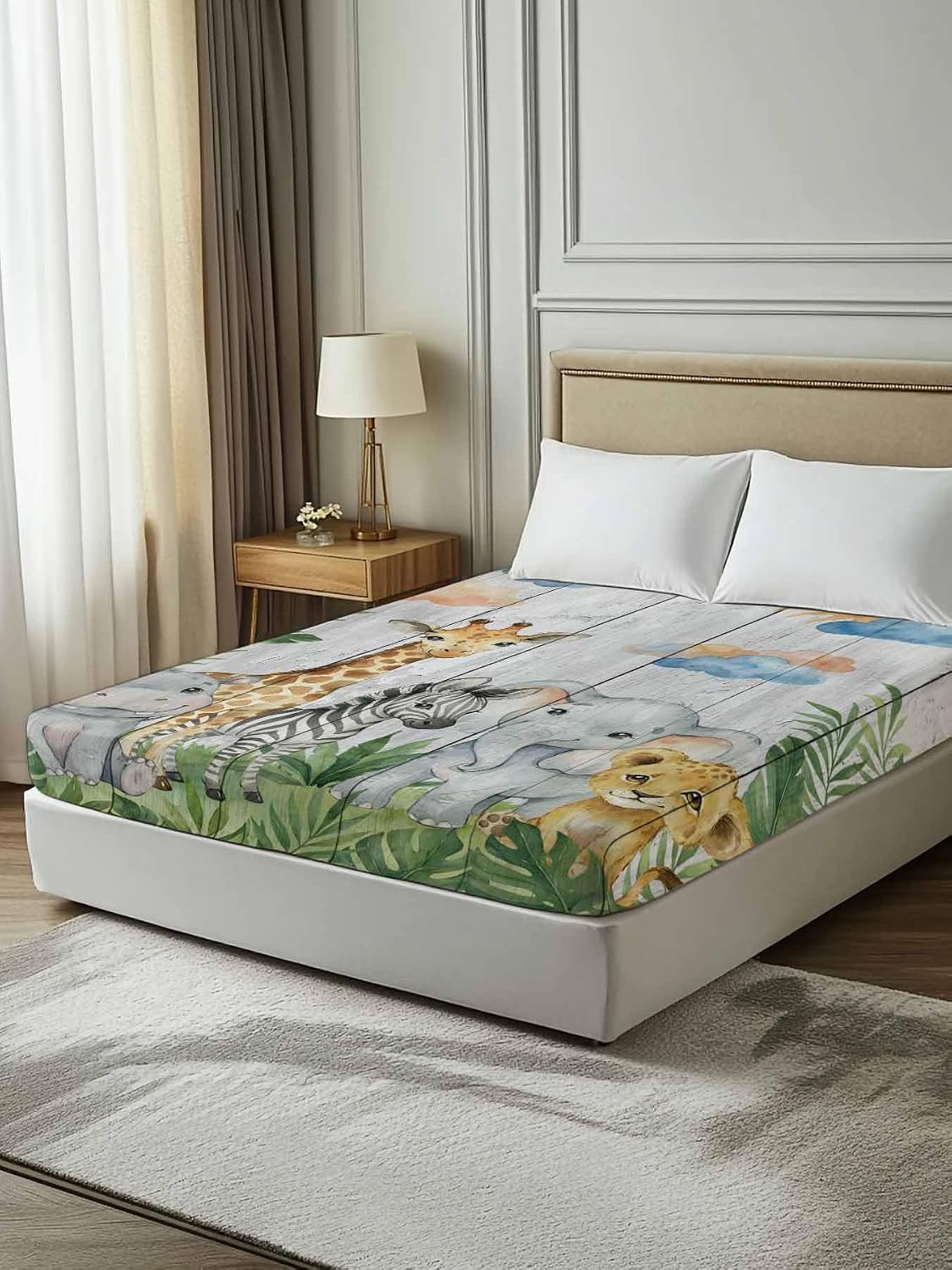 Top Sheet Full Bedding Flat Sheet Only, Forest Giraffe Zebra Elephant Microfiber Bed Sheets Soft Breathable Bedding Flat Sheets, Green Leaf Gray Wood Plank Hotel Luxury Top Sheets