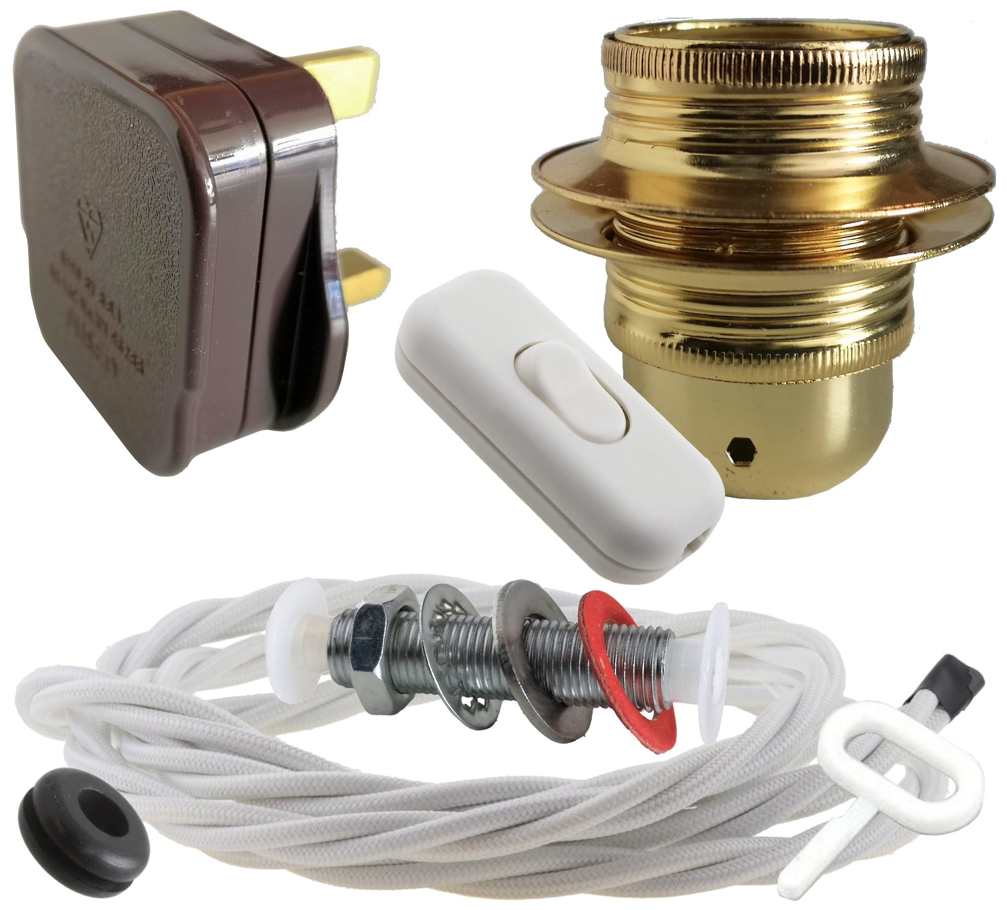 Art Deco Emporium Lamp Repair and Service Kit|Brown Plug|White Flex|White Switch|E27 Brass Finish Lamp Holder Holder