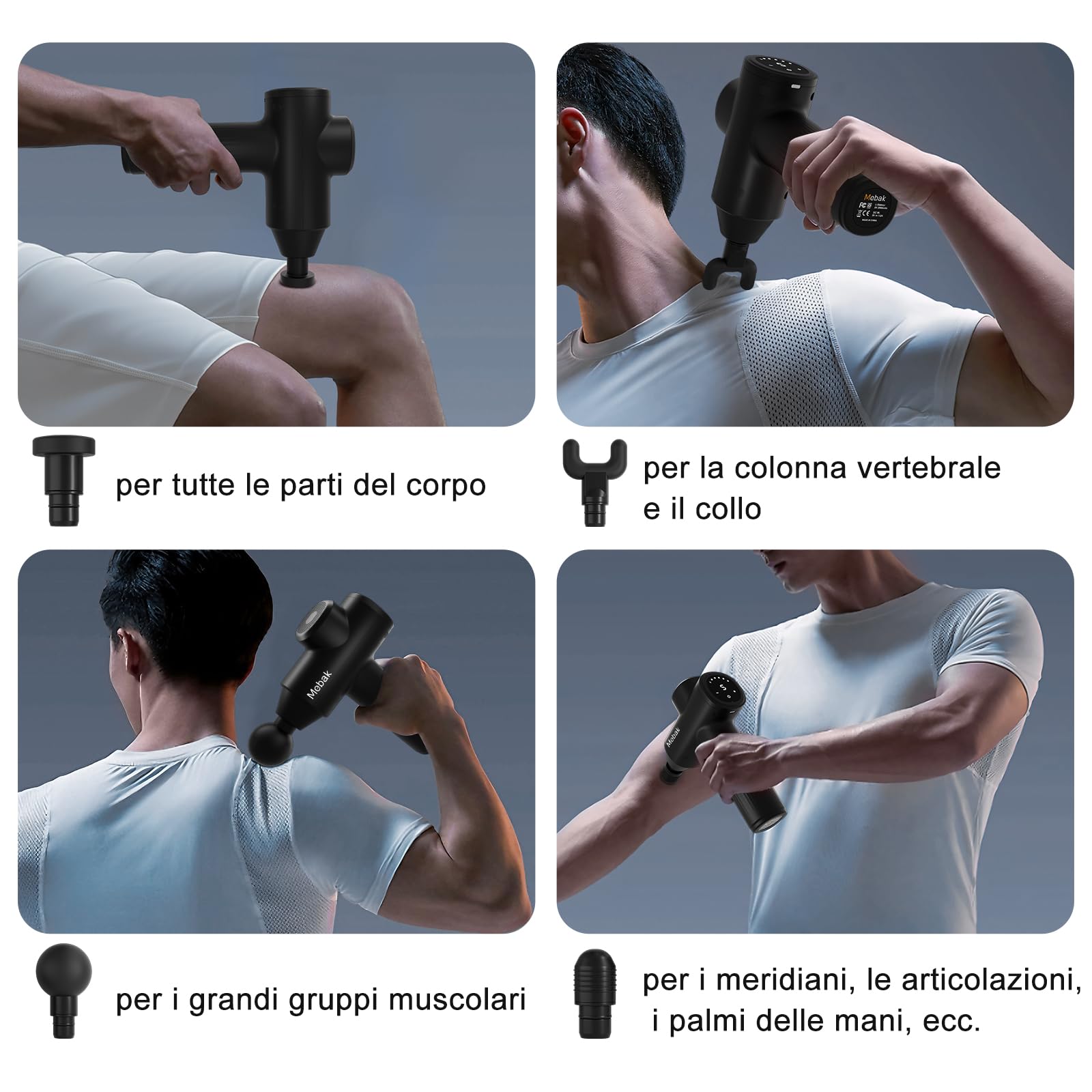 Mebak 7 Pistola Massaggio Muscolare, Pistola massaggiatore, 5 Velocità Regolabili & 4 Teste di Massaggio, 3200RPM/min,Massaggiante Ricarica USB-C,Adatto per Spalle, Schiena, Gambe e Braccia