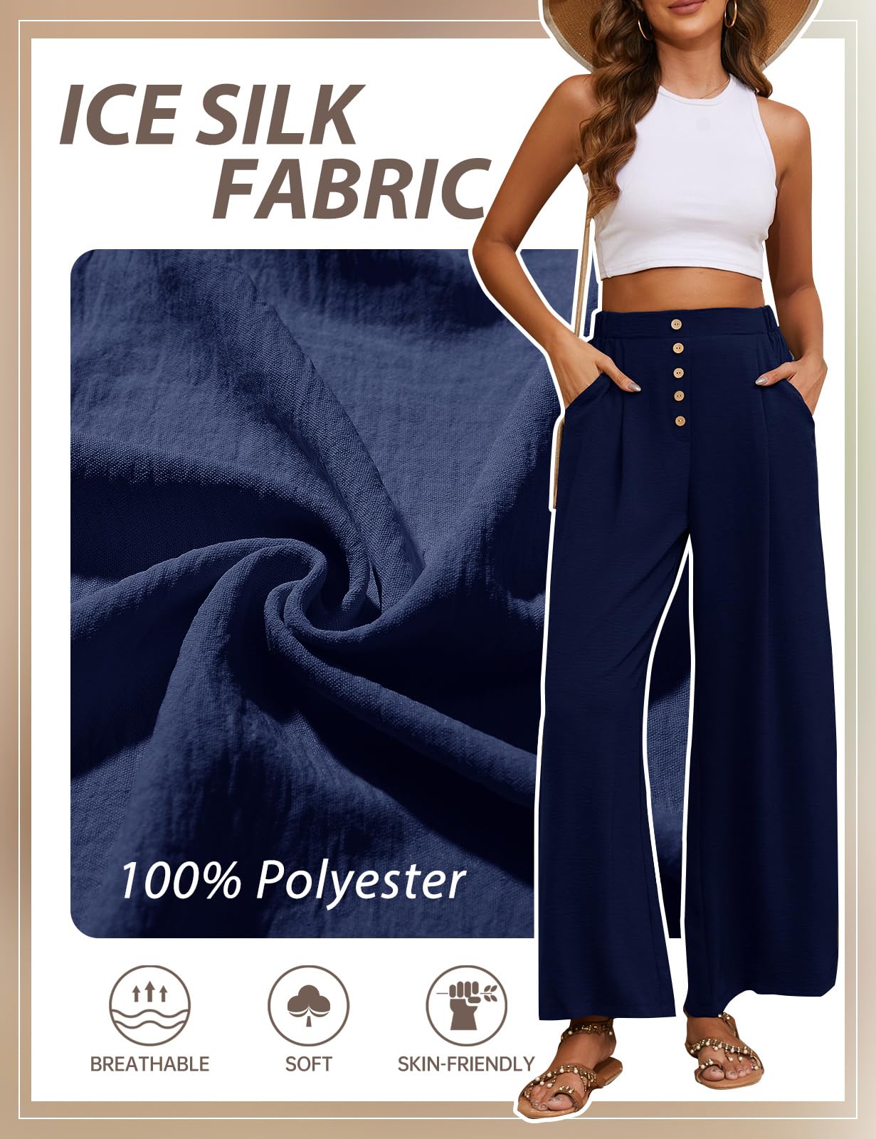 TOMEEK Pantalon Fluide Femme Eté Large Taille Haute Femme Chic et Elegant avec Poches Large Casual Décontractée Léger Ample Pants
