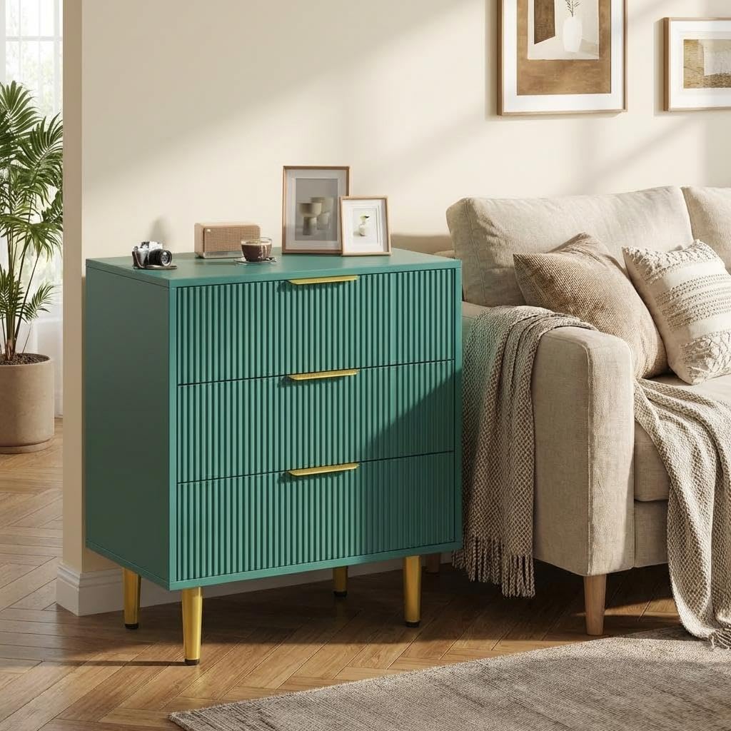 Fluted Chest of Drawers, Wooden 3 Drawer Dresser with Metal Legs, Handles & Glide Runner for Bedroom, Modern Art Deco Furniture, Vintage Wood Tall Bedside Cabinet & Sideboard, 71x43x76cm - Green