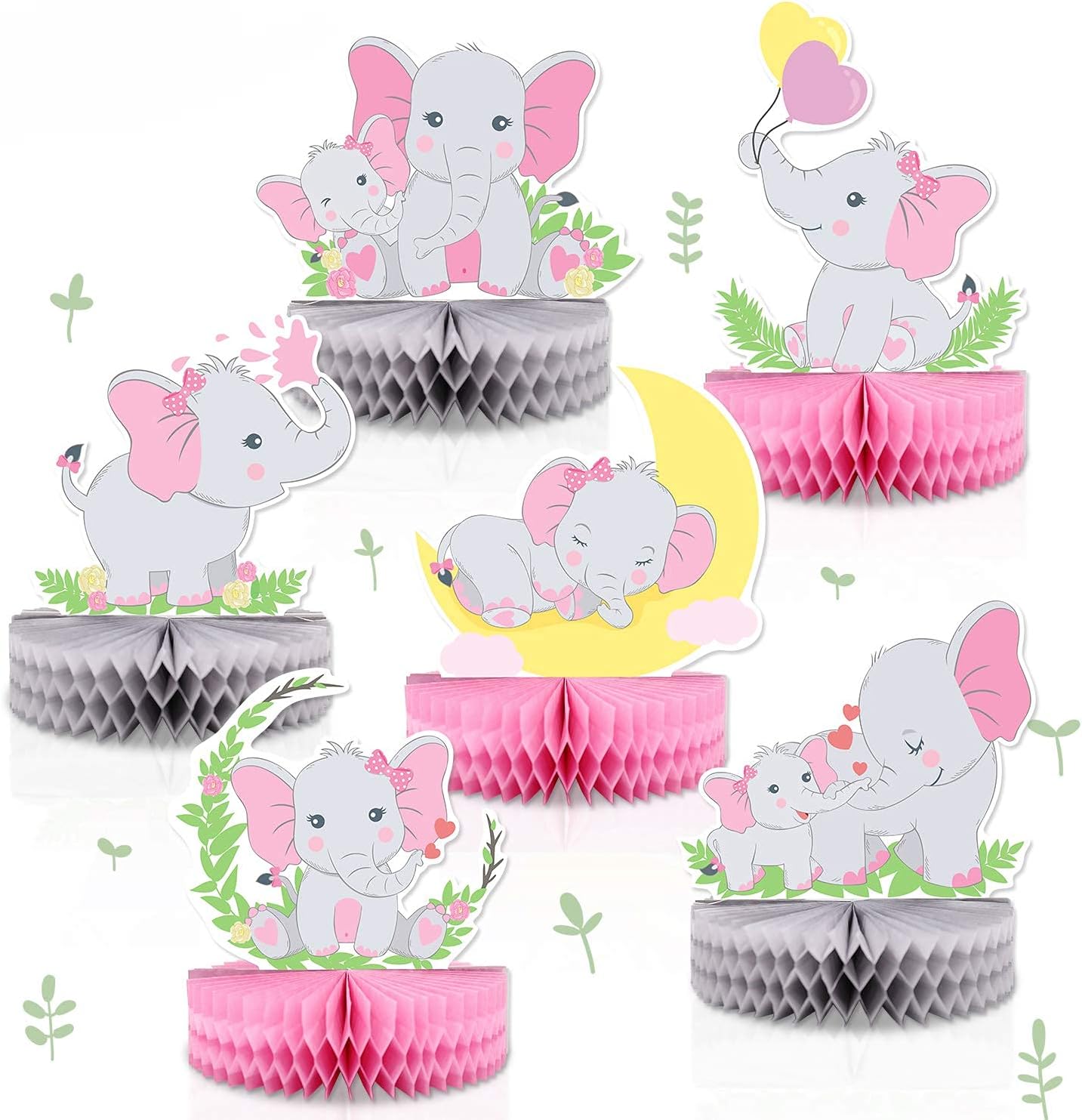 6 PCS Pink Elephant Honeycomb Centerpieces Baby Girl It's A Girl Table Decorations Pink Little Peanut Cutouts for Pink Elephant Theme Baby Shower Birthday Party Supplies