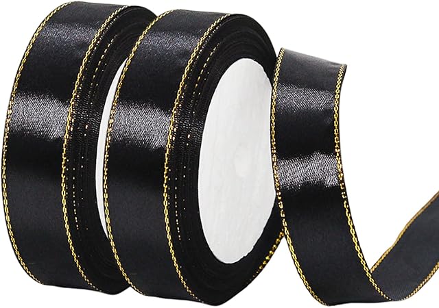 2x22m Black Ribbon 20mm with Gold Rim for Gift Wrapping,Satin Ribbon Black Halloween Ribbon Decorative Balloon Ribbon Cake Ribbon Fabric Thick Ribbon for Crafting Hair Bow Funeral Xmas Cake Decoration