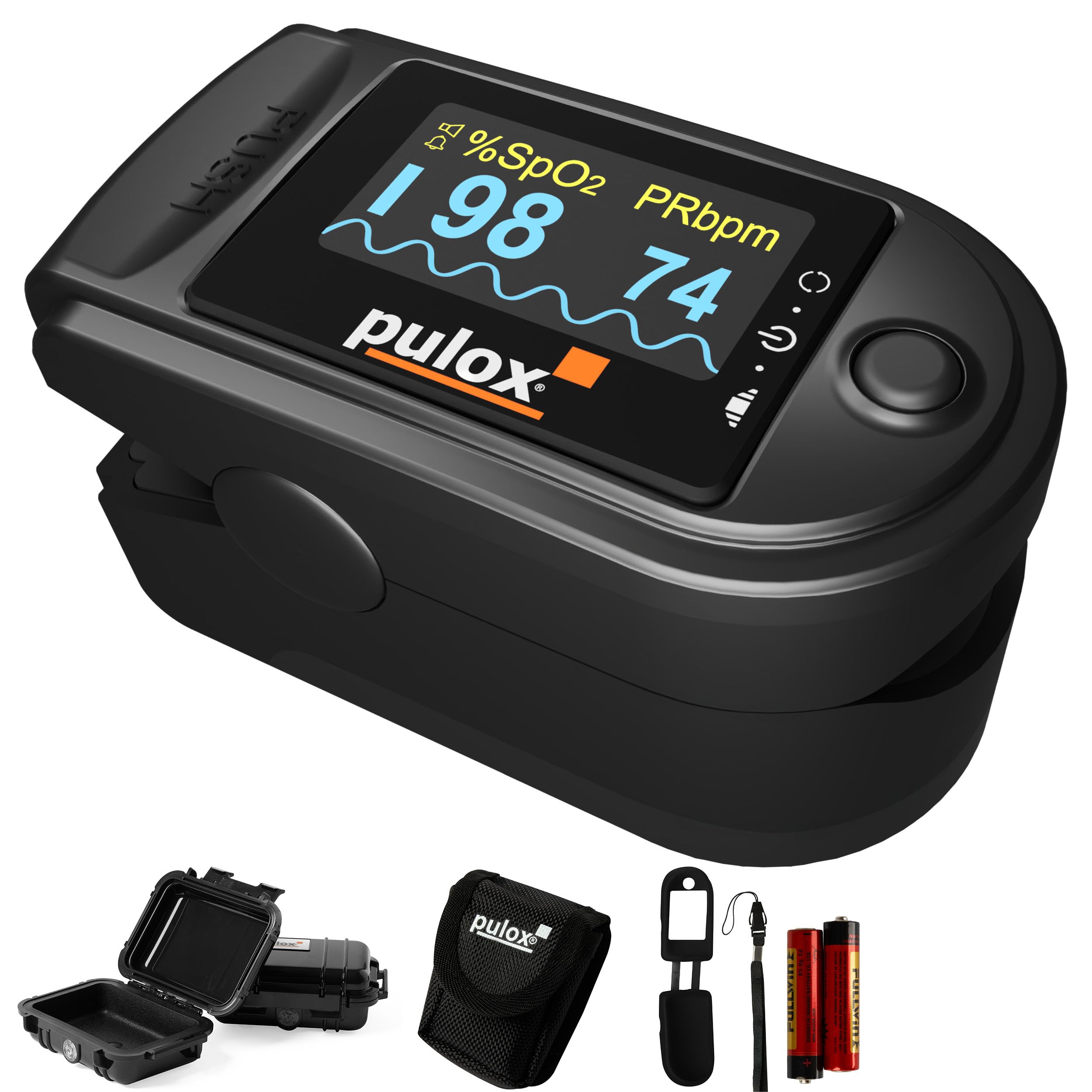 Pulox PO-200A Oxymètre de pouls avec alarme, son du pouls et set d'accessoires pour la mesure de SpO2, pouls et IP