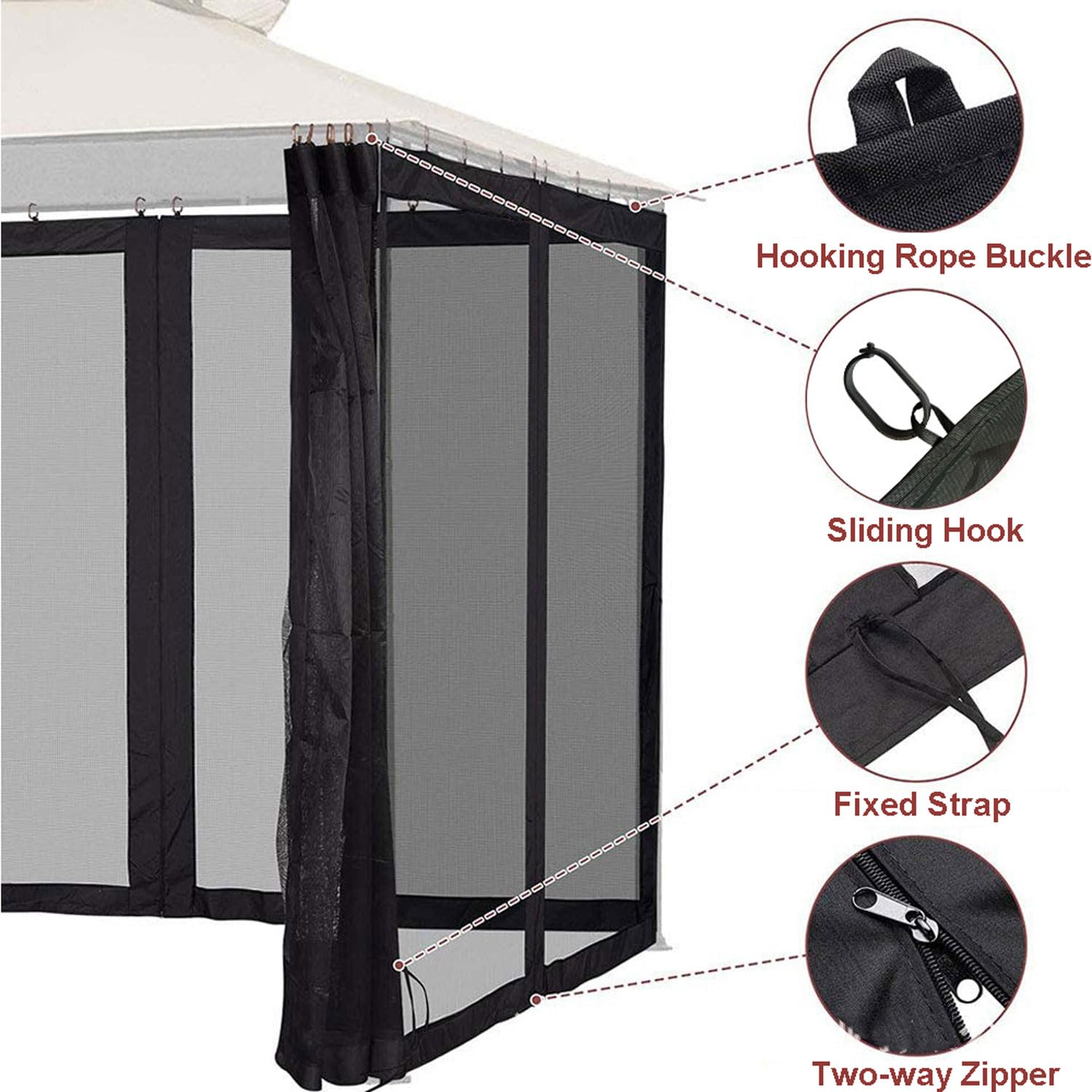 Moustiquaire pour Tonnelle et Gazebo 4 Panneaux Rideau Filet de Protection Universel avec Double Fermeture Éclair Anti-Moustiques pour Jardin, Terrasse, Patio, Auvent et Pergola(Gris, 300 * 300CM)
