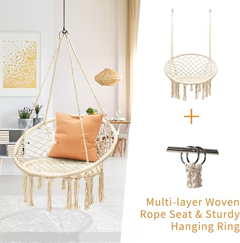Miniatura 9 de Tangkula Silla hamaca colgante, silla columpio de macramé con borlas y anillos colgantes de alta resistencia, estilo bohemio hecho a mano con cuerda