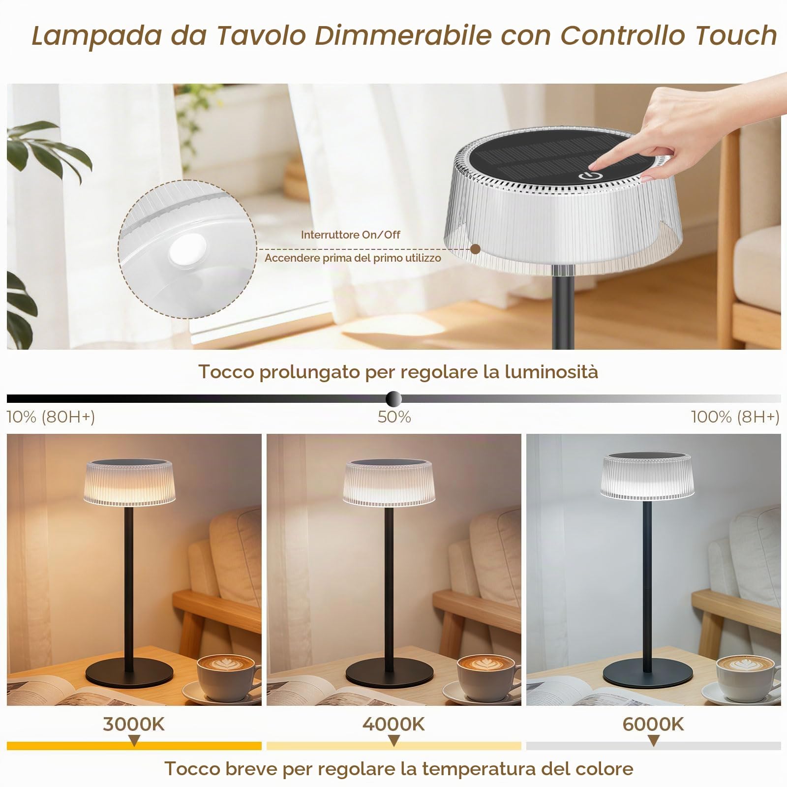 Lacasa Lampada da Tavolo Senza Fili Ricaricabile, 2 Pezzi LED Lampada Solare da Tavolo Dimmerabile Touch, 3000-6000K 4000mAh Portatile Lampada Soggiorno Comodino IP67 Impermeabile per Interno Esterno