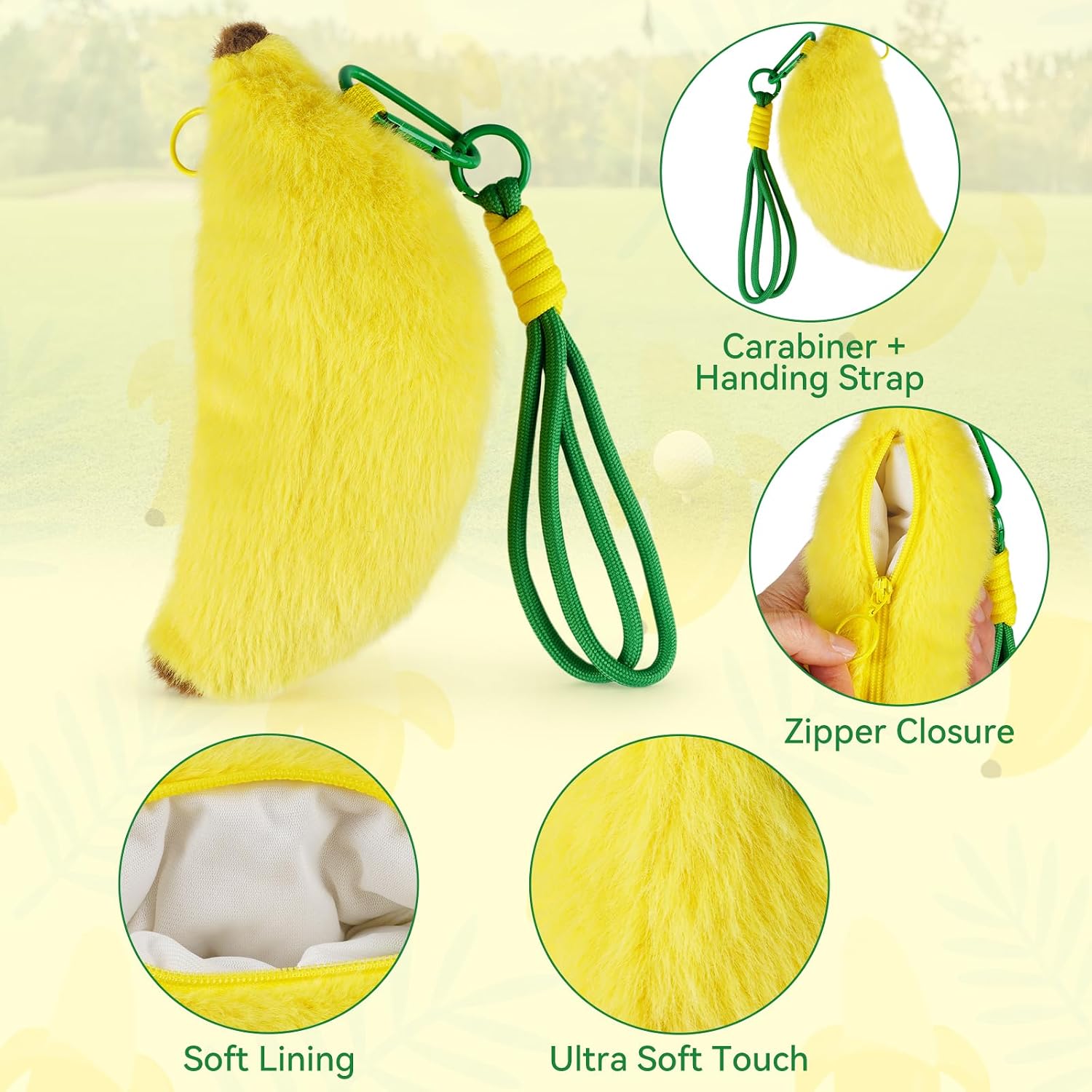Banana Golf Ball Holder with Zipper Closure, Plush Golf Ball Storage Pouch for Bag with Hanging Strap Holds 2 Balls, Funny Golf Accessory Gifts for Men and Women