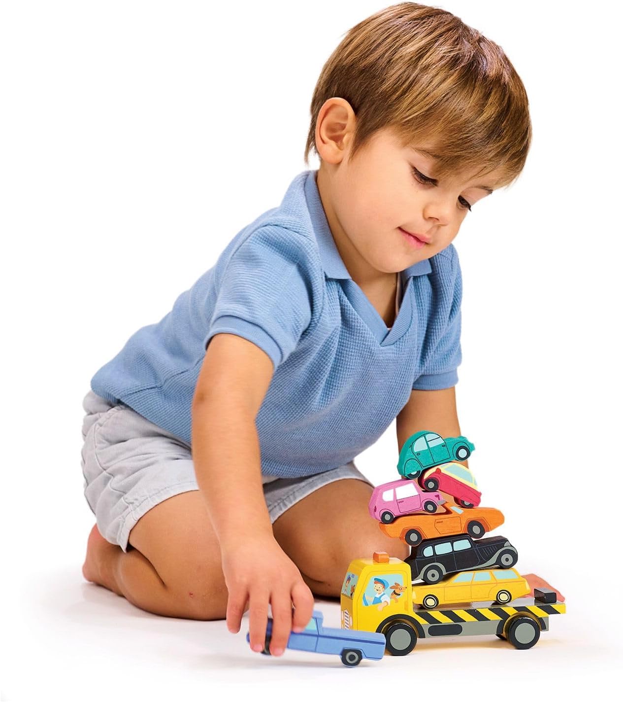 Tender Leaf Toys - Stacking Cars - 7 Wooden Stacking Toy Cars and a Wheeled Truck for Toddler Boys and Girls - Boost Fine Motor Skills and Hand-Eye Coordination - Great Gift for Car Lovers - Age 18m+