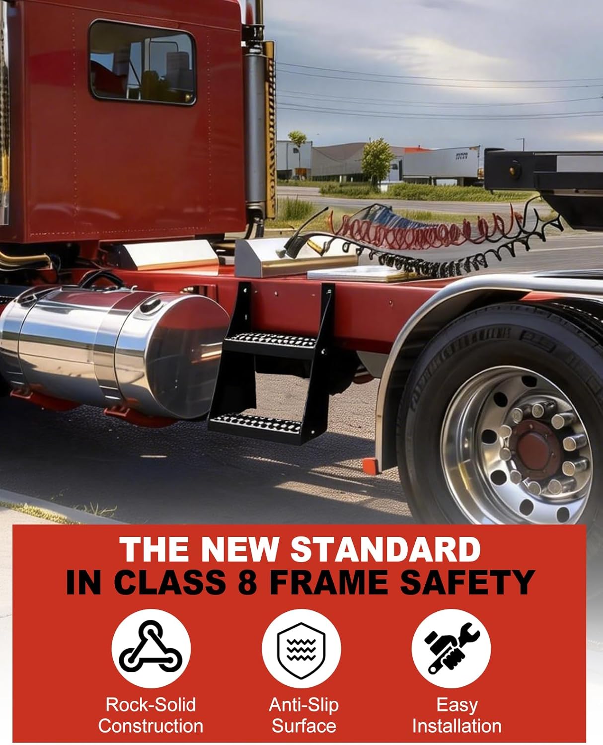 24-Inch Wide Frame Step for Class 8 Trucks - Non-Slip Grip Strut Traction, Universal 4-Bolt Mounting, Compatible with Peterbilt, Kenworth, Freightliner, International, Volvo, Mack