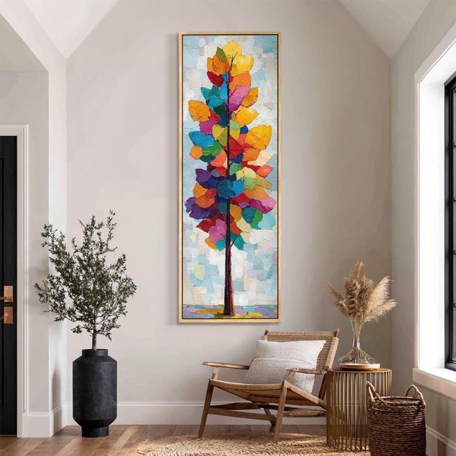 Cuadro de pared con diseño de árbol alto y delgado, arte abstracto para pared, póster vertical enmarcado para decoración de habitaciones, recibidores y oficinas (65 x 195 cm/sin marco).