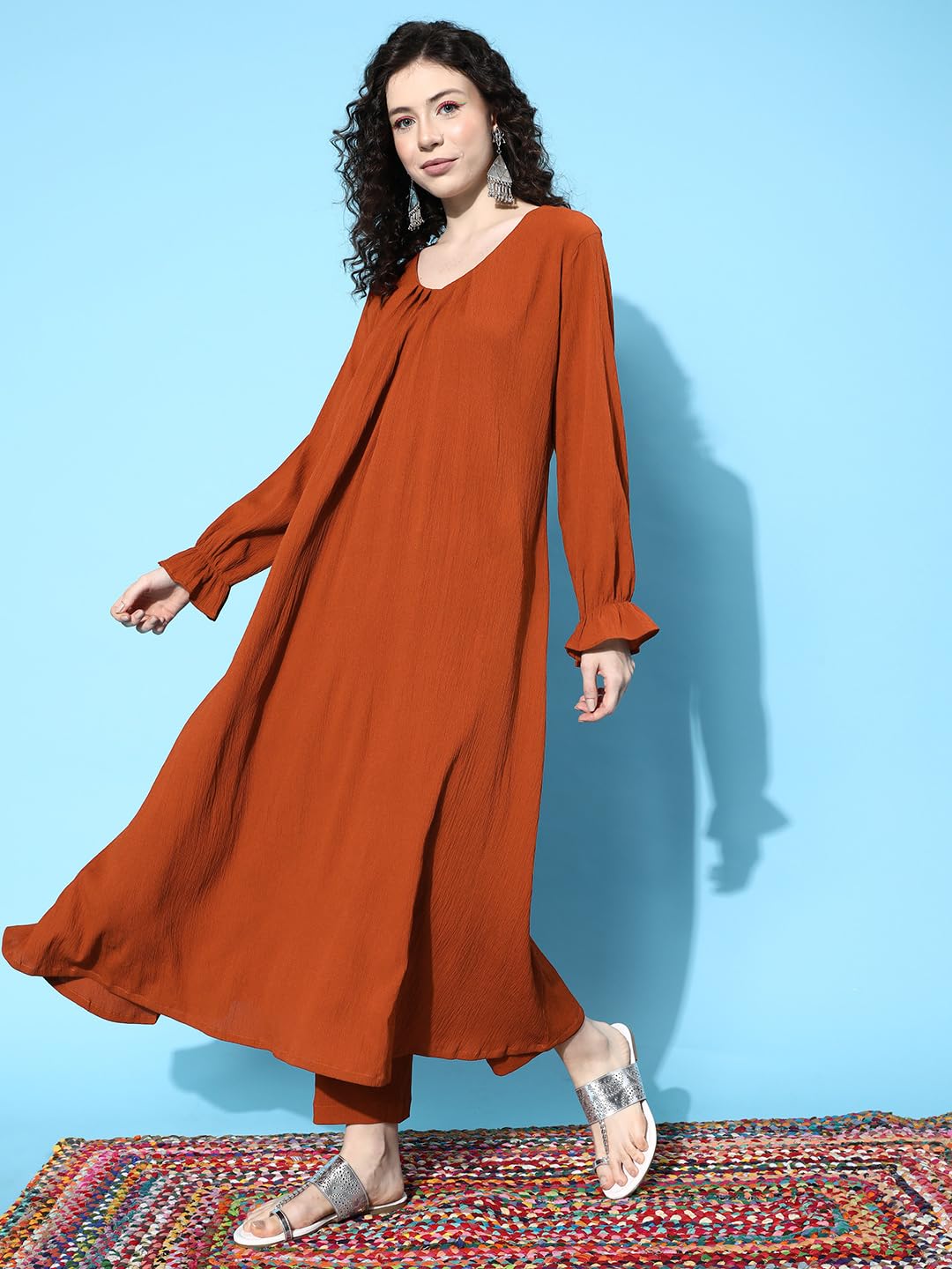 Varanga Women Rust Colour Bishop Sleeve A-Line Kurta With Front Pleat, V-Neck, Paired With Tonal Bottom