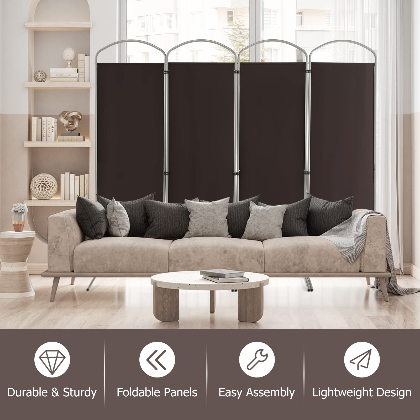 GOPLUS Paravent Pliable à 4 Panneaux, Brise Vue Intérieure et Extérieure avec Support en Métal,Paravent de Chambre Retractable 221 x 188 CM, pour Salon, Chambre, Bureau (Marron)