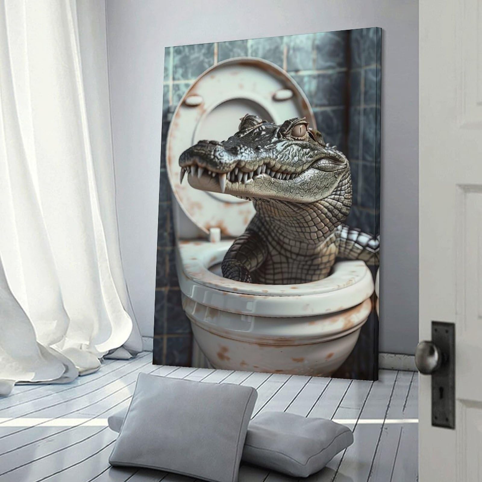 Junmoney Canvas Wall Art Crocodile Alligator Toilet, 16x24inch(40x60cm), for Living Room, Lounge Or Sitting Room, Canvas Styling for A Polished Room Look