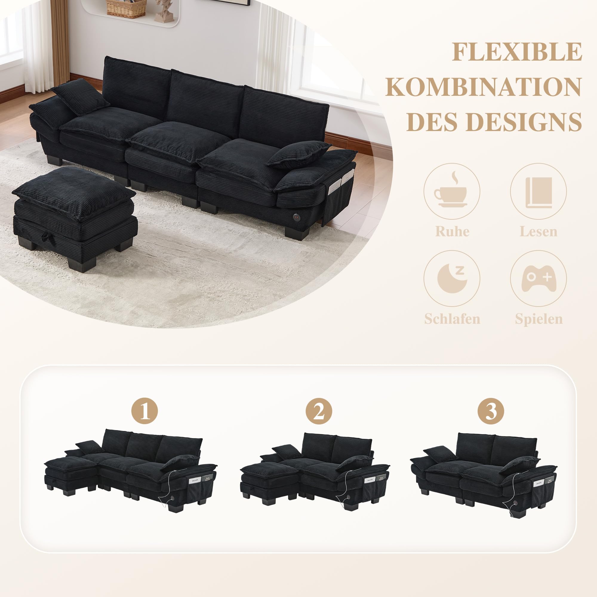 Modułowa sofa 3-osobowa z 1 taboretem, ergonomiczna szerokość siedziska z przyłączem C, sofa do salonu z bocznymi kieszeniami, do salonu, kolor czarny