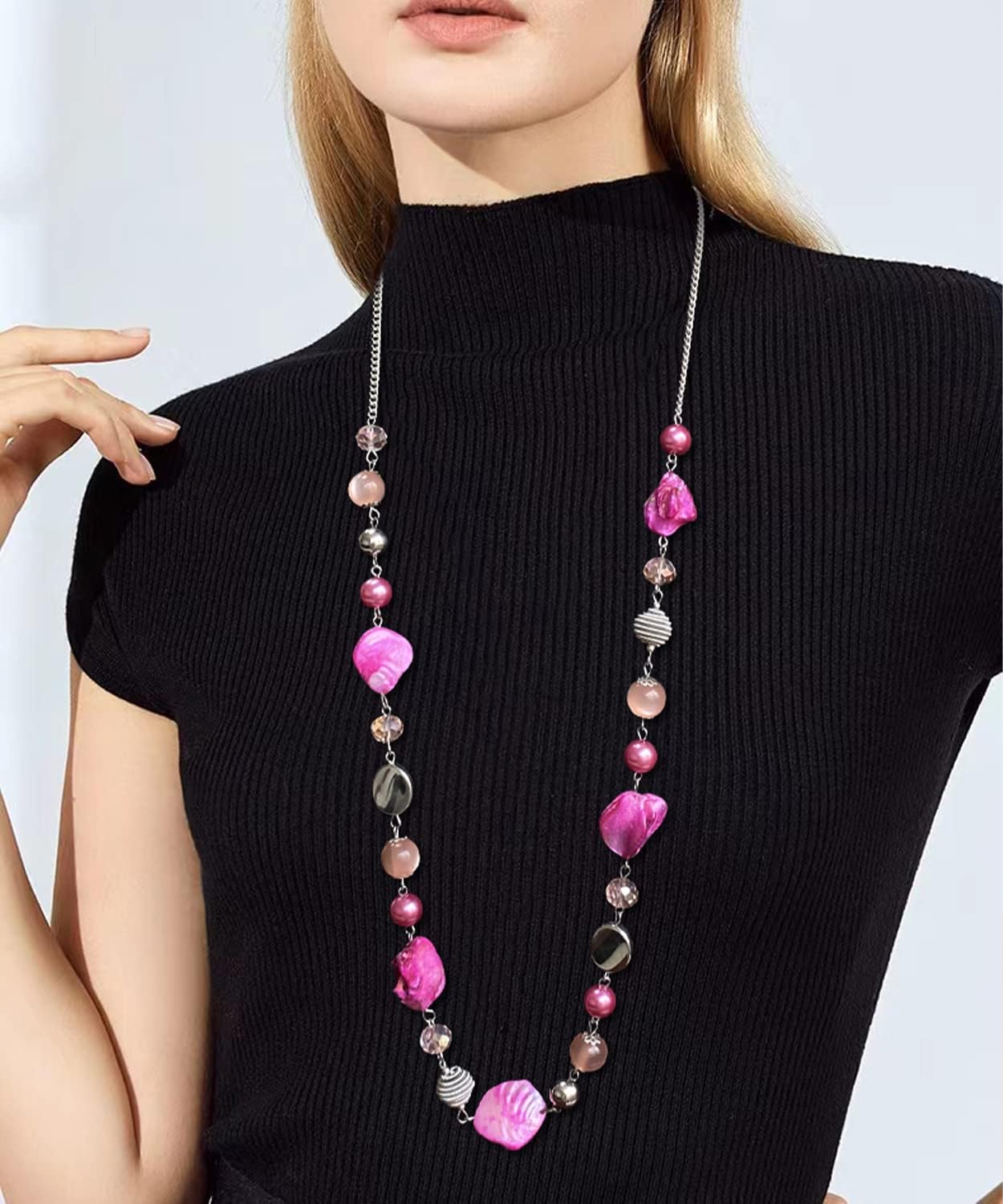 FULU AUTUMN Long Beaded Necklaces for Women Silver Link Chain Necklace with Shell Crystal Beads, Party Gifts for Her - Image 5