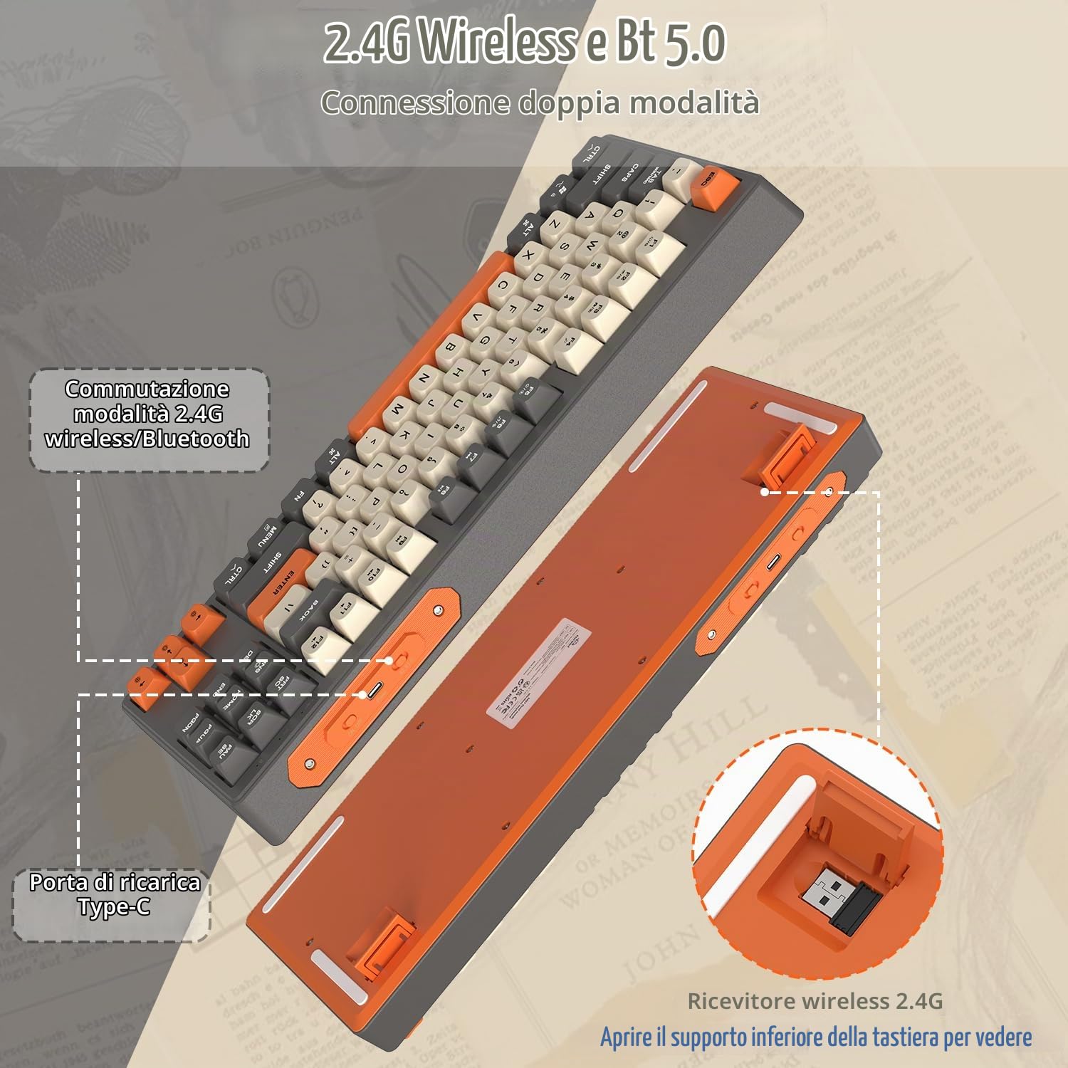 MAMBASNAKE TKL- Tastiera da gioco wireless, Bluetooth/2,4 GHz, copritasto PBT, batteria ricaricabile da 4000 mAh, tastiera retroilluminata arcobaleno a colori misti con sensazione meccanica-Glimmer