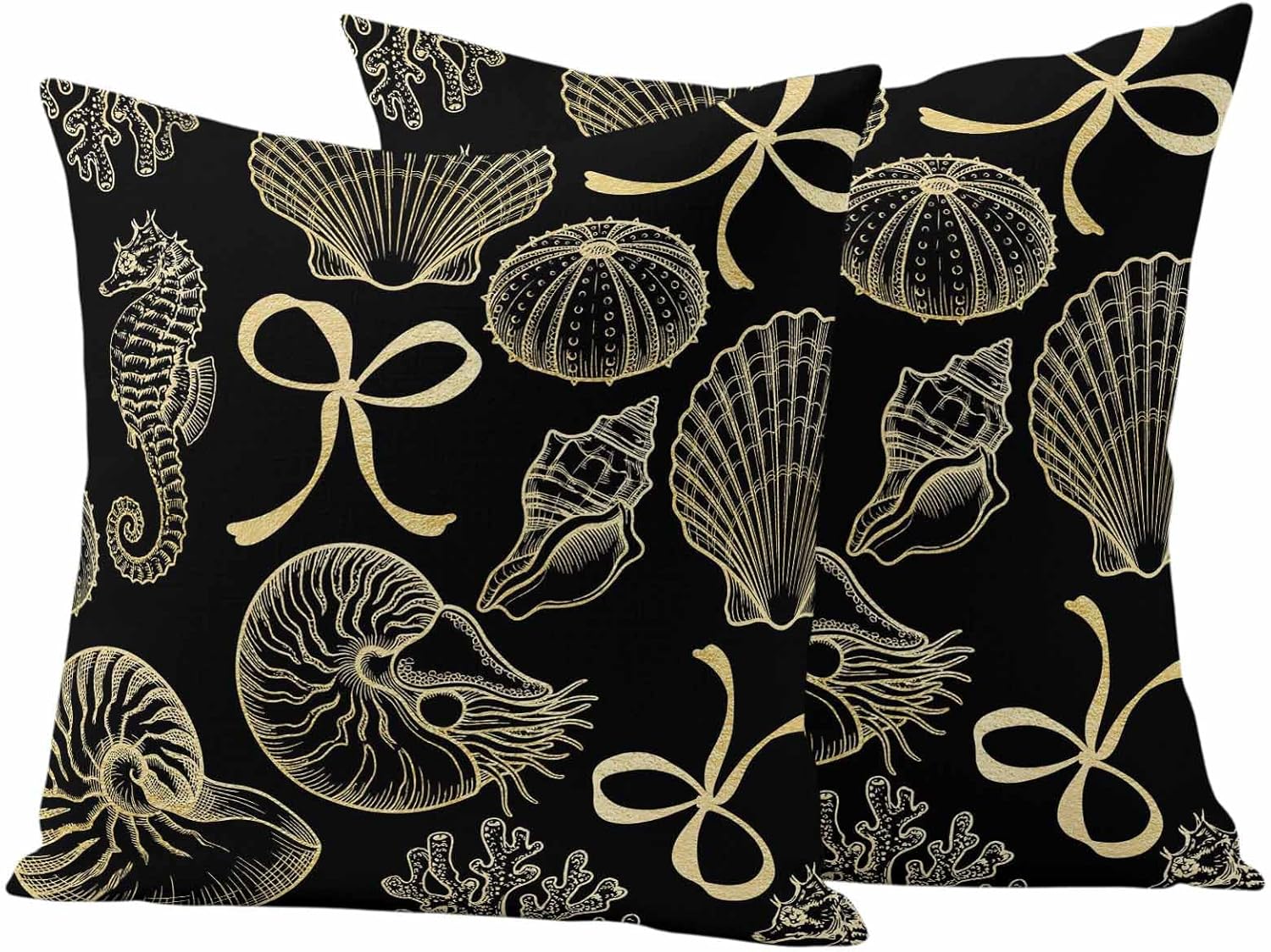 Ocean Shell Outdoor Waterproof Pillow Covers Set of 2, Gold Seahorse Shells Bowknot Coral Black Pillowcase Decorative Throw Cushion Cases for Patio Garden Couch 18 x 18 Inches