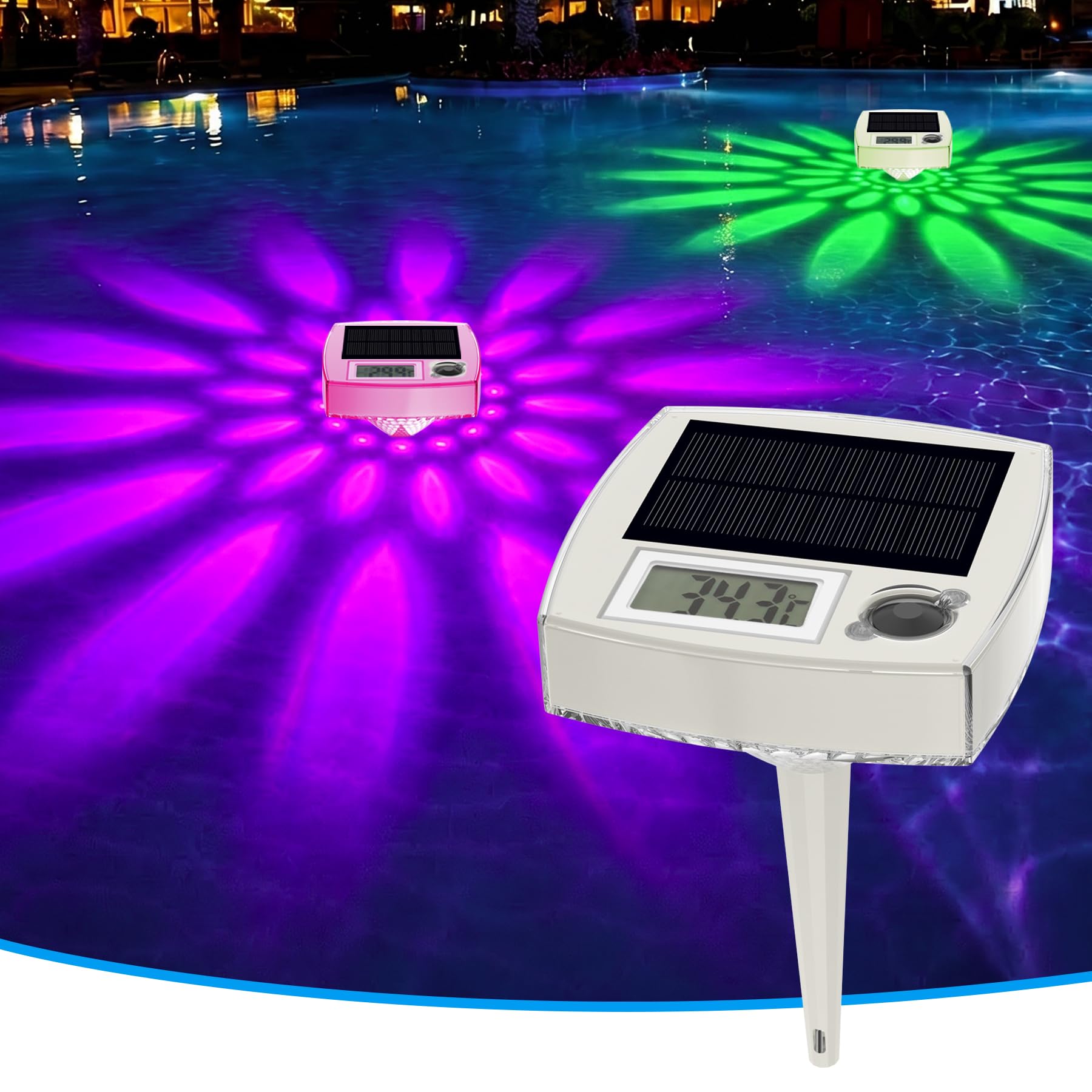 Termómetro solare digitale 2 in 1, Termómetro solar para piscina galleggiante con grande display LCD e illuminazione LED RGB per piscina. Impermeabile IP68.