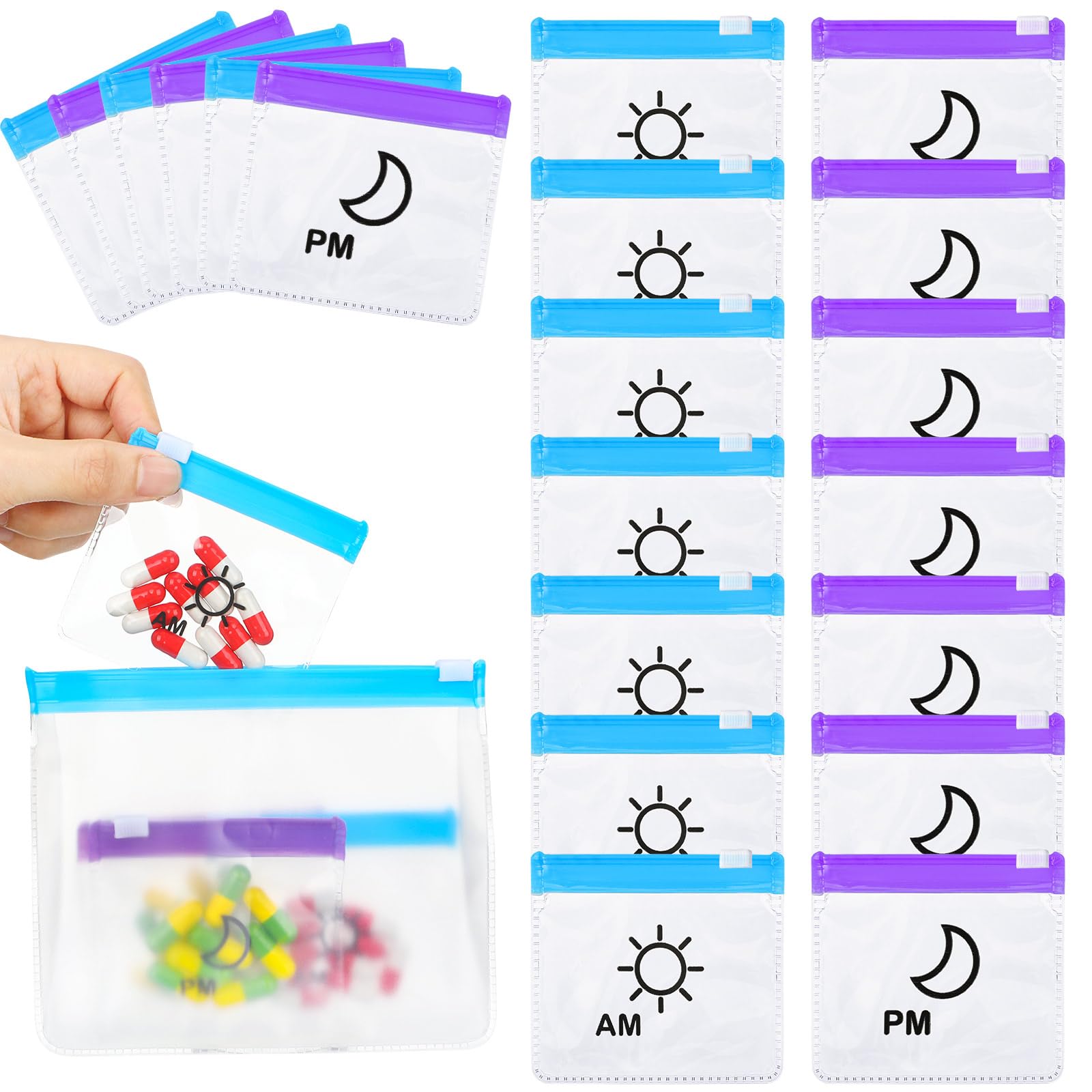Colarr 14 Pcs AM PM Pill Pouches Bags Reusable Zippered Day and Night Pill Organizer with Slide Lock for Travel Medicine Case, 1 Large 14 Small(Blue,