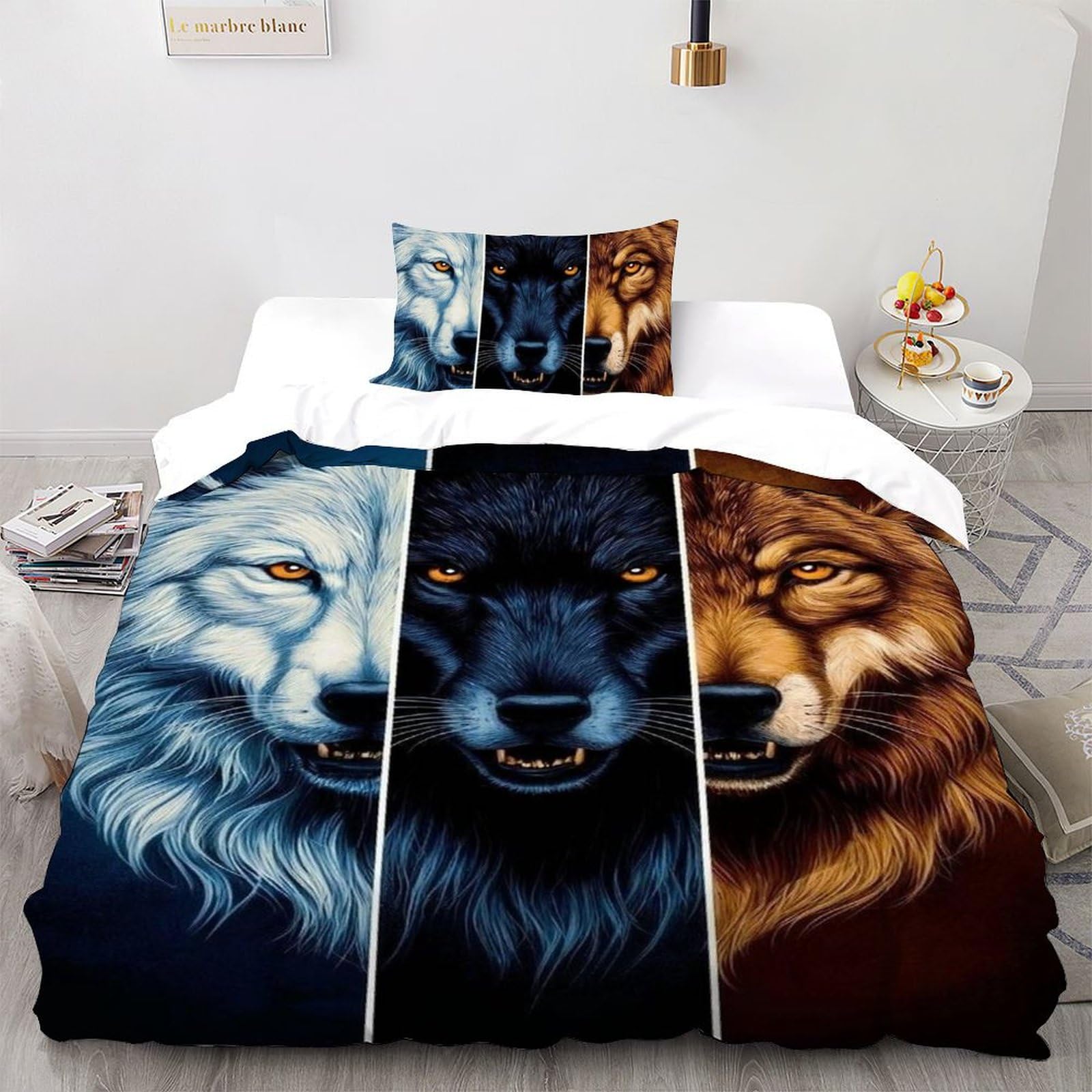 Housse de couette single Les Trois Loups en microfibre imprimé 3D 135x200cm pour lit une place fille