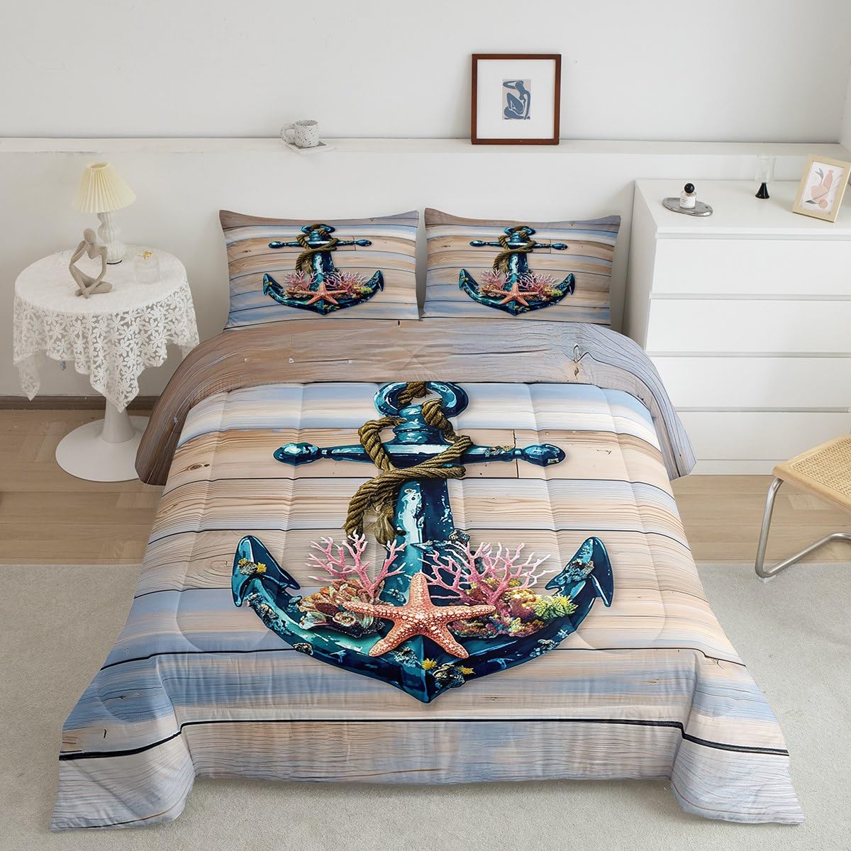 Erosebridal Vintage Wooden Barn Plank Comforter Set for Men Women,Romantic Anchor Rope Bedding Set,Tropical Coral Starfish Bedding Comforter Sets,