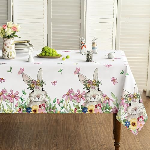 Horaldaily Mantel de Pascua de 60 x 84 pulgadas cubierta de mesa de conejo de flores de primavera para decoración de fiesta pícnic cena