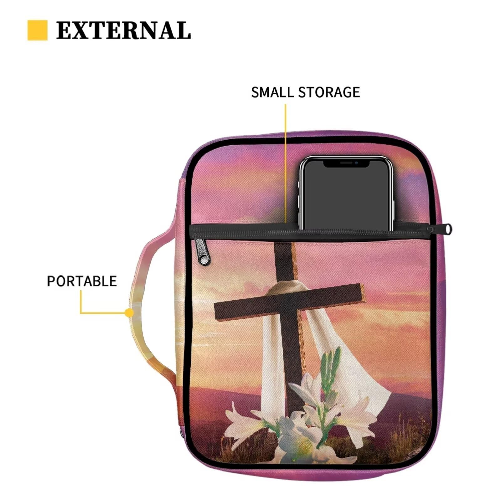 ZIATUBLES Cross Bible Covers with Handle for Women Men Large Bible Bag with Zipper Pockets Book Holder Bible Carrier Bag for Christian Bible Study Sunset Glow Lily Flower Cross Print - Image 3