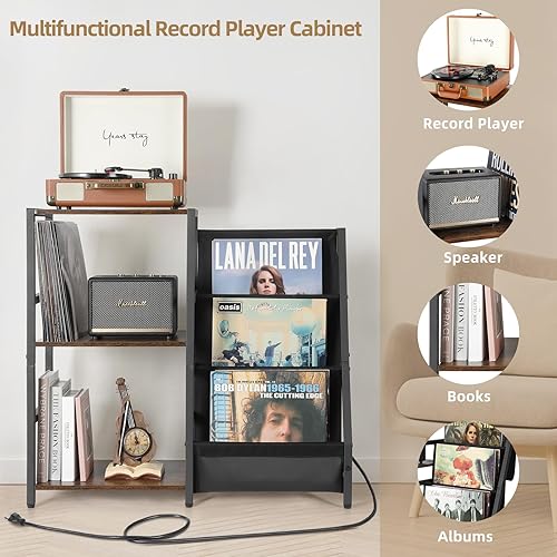 Miniatura 2 de Bikoney Soporte para tocadiscos con toma de corriente, soporte para tocadiscos con almacenamiento de discos de vinilo de 3 niveles, mesa para