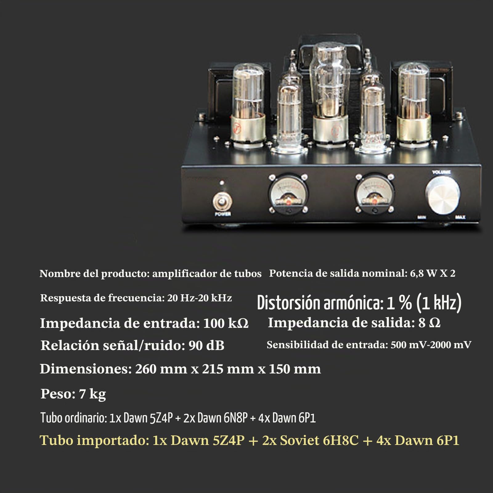Amplificador De Válvulas, Amplificador Estéreo Integrado De Alta Fidelidad con Tubo De Vacío, Amplificador Estéreo De Alta Fidelidad, 6,8 W X 2 RMS, con Cubierta Antimagnética De Transformador