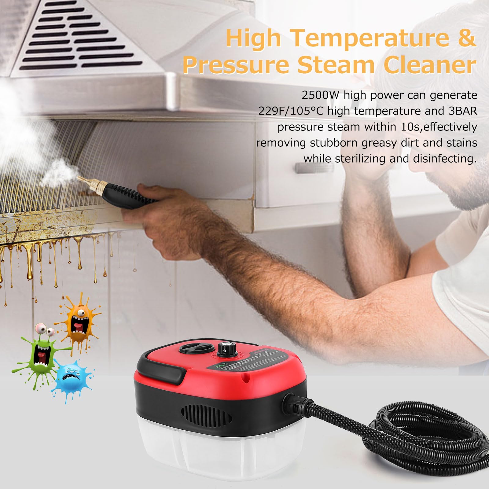 Amazon | 2500W ハンドヘルドスチームクリーナー 高温加圧スチーム洗浄