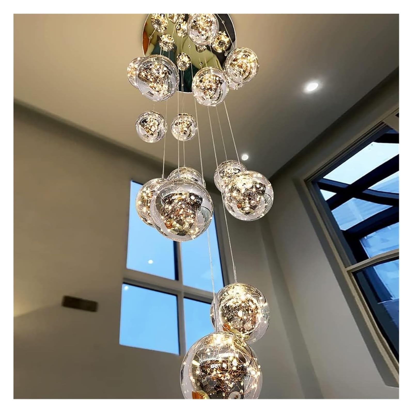 Villa żyrandol sufitowy, duży żyrandol, lampa wisząca LED na schody, idealna do wysokich sufitów, lustrzana podstawa ze stali nierdzewnej, ręcznie dmuchana szklana kula, wysokość