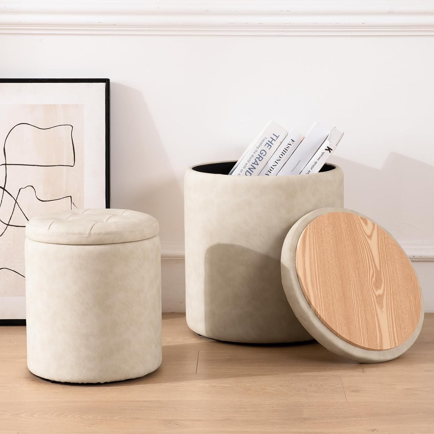 Faux Leather Round Ottoman with Storage 12.6" W x 14.17" H & 14.76" W x 17.32" H Set of 2, Small Boucle Coffee Table Footstool with Removable Lid for Living Room, Bedroom, Beige