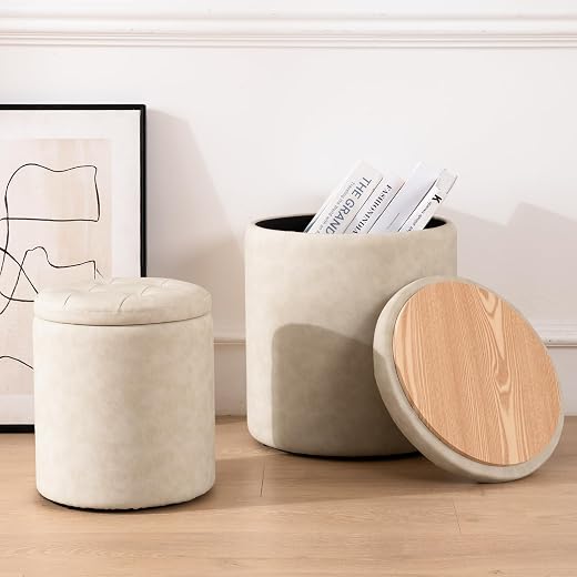 oakvivo Faux Leather Round Ottoman with Storage