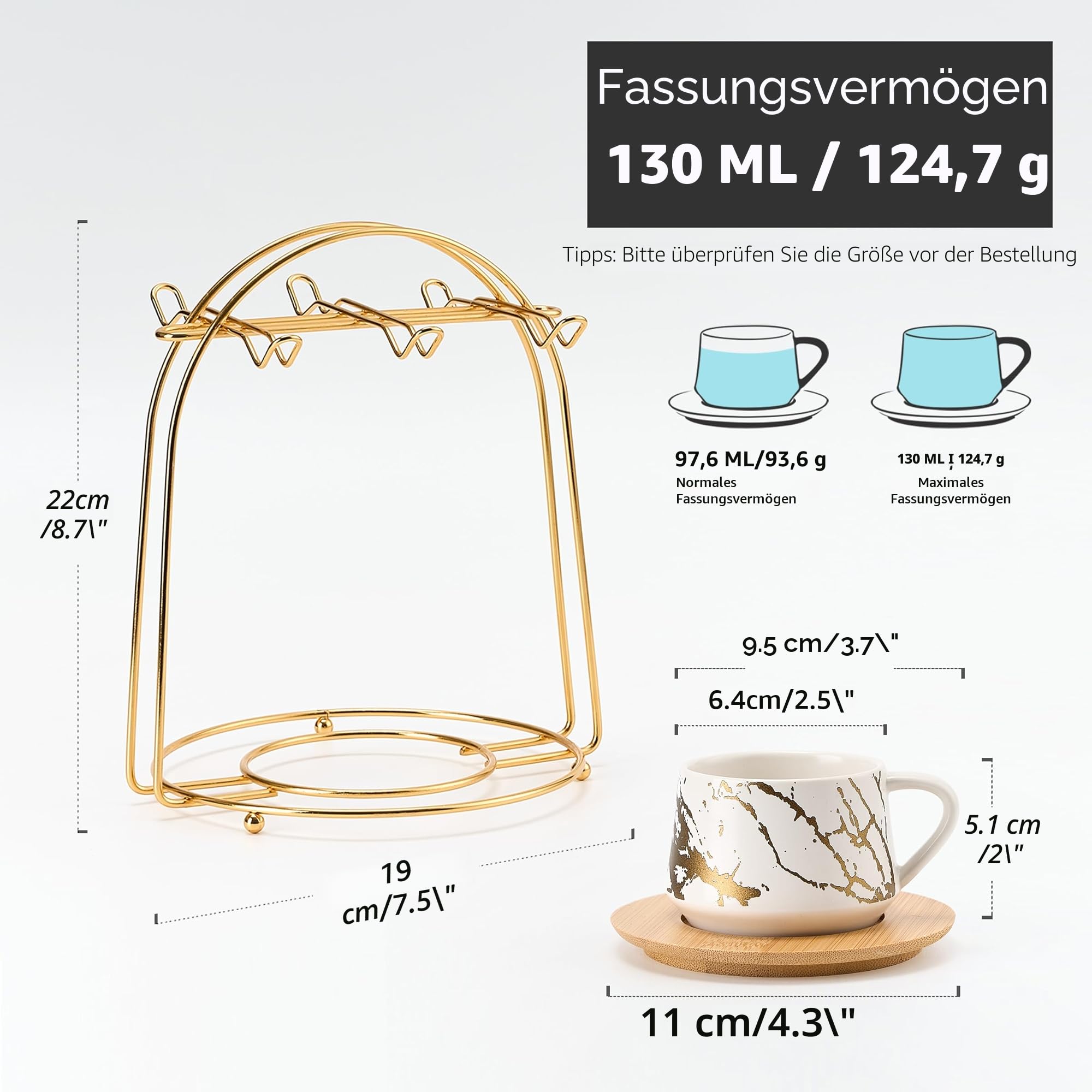 PORCER 6×130 ml (4,4 oz) Keramik-Kaffeetassen & Holzuntertassen mit goldenem Metallständer, stapelbare Cappuccino-, Espressotassen für Spezialitäten-Kaffeegetränke, Latte, Americano, Tee - Elegantes
