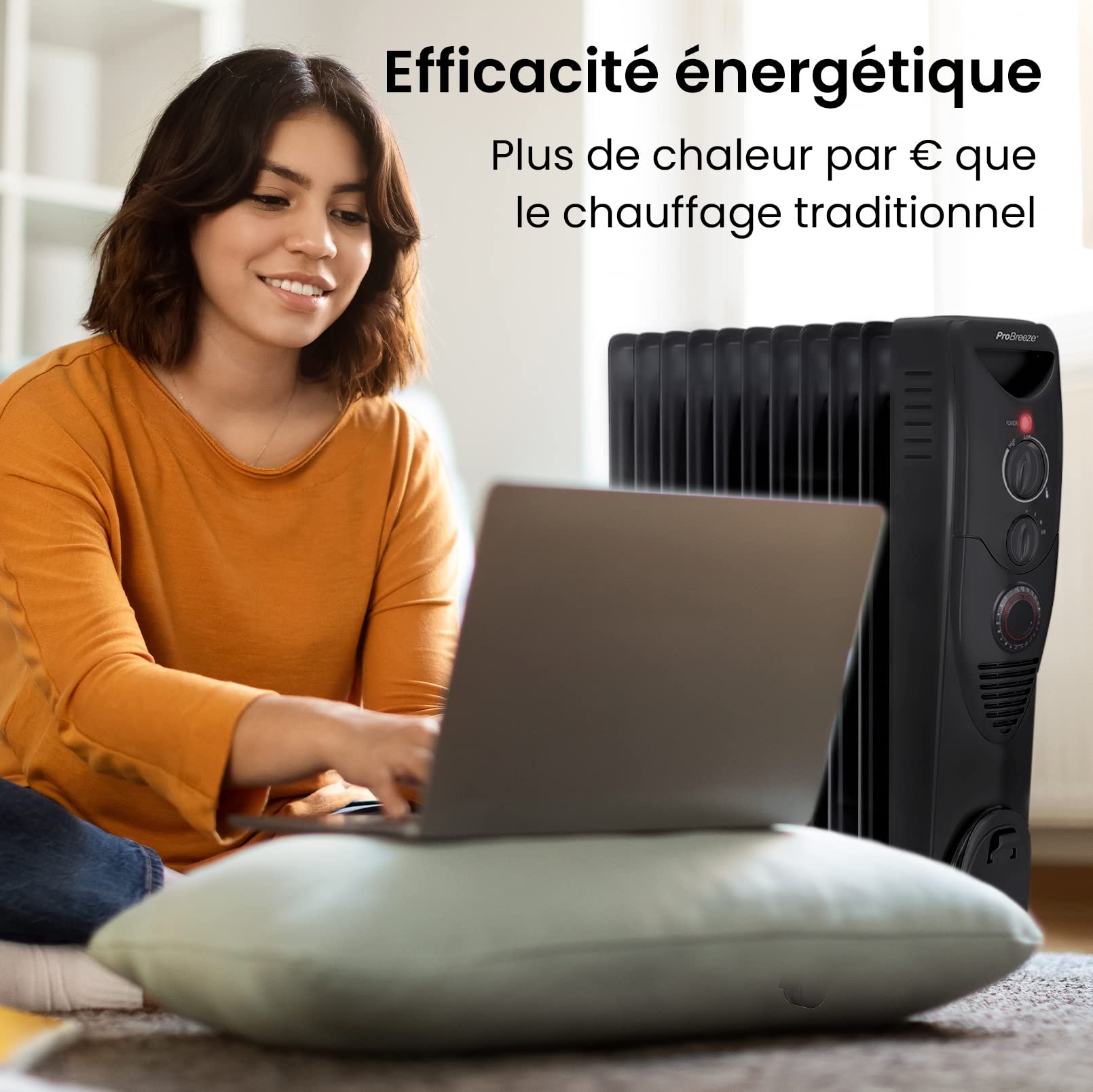 Pro Breeze Radiateur à bain d'huile 2500W, 11 éléments - Chauffage électrique portable avec Minuterie intégrée, 3 niveaux de chaleur, Thermostat réglable, Caractéristiques de sécurité intégrées - Noir