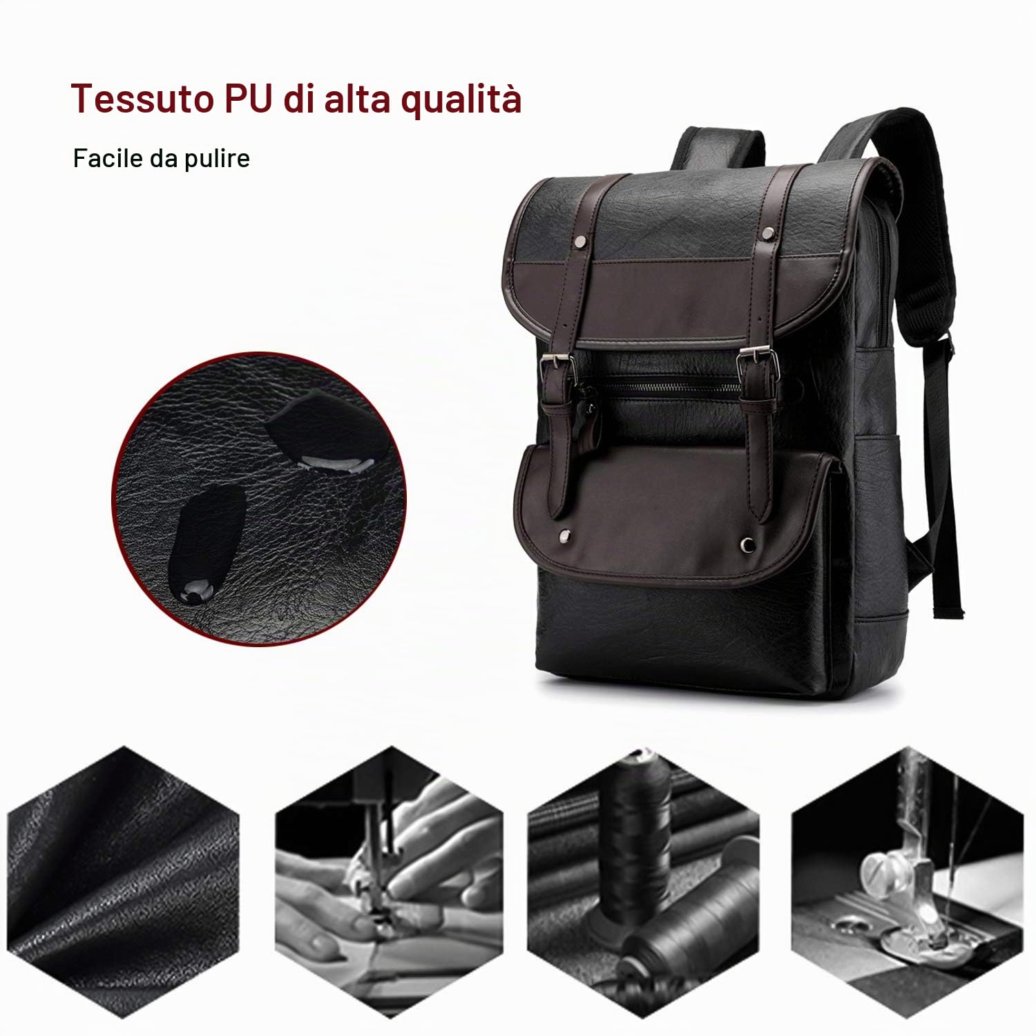 FANDARE Uomo Donna Zaino PU Zainetto per 14 Pollici PC Impermeabile Borsa da scuola Ragazzo Borsetta Universitaria Zaino per Computer Portatile Lavoro per Scuola Viaggio Daypack Nero