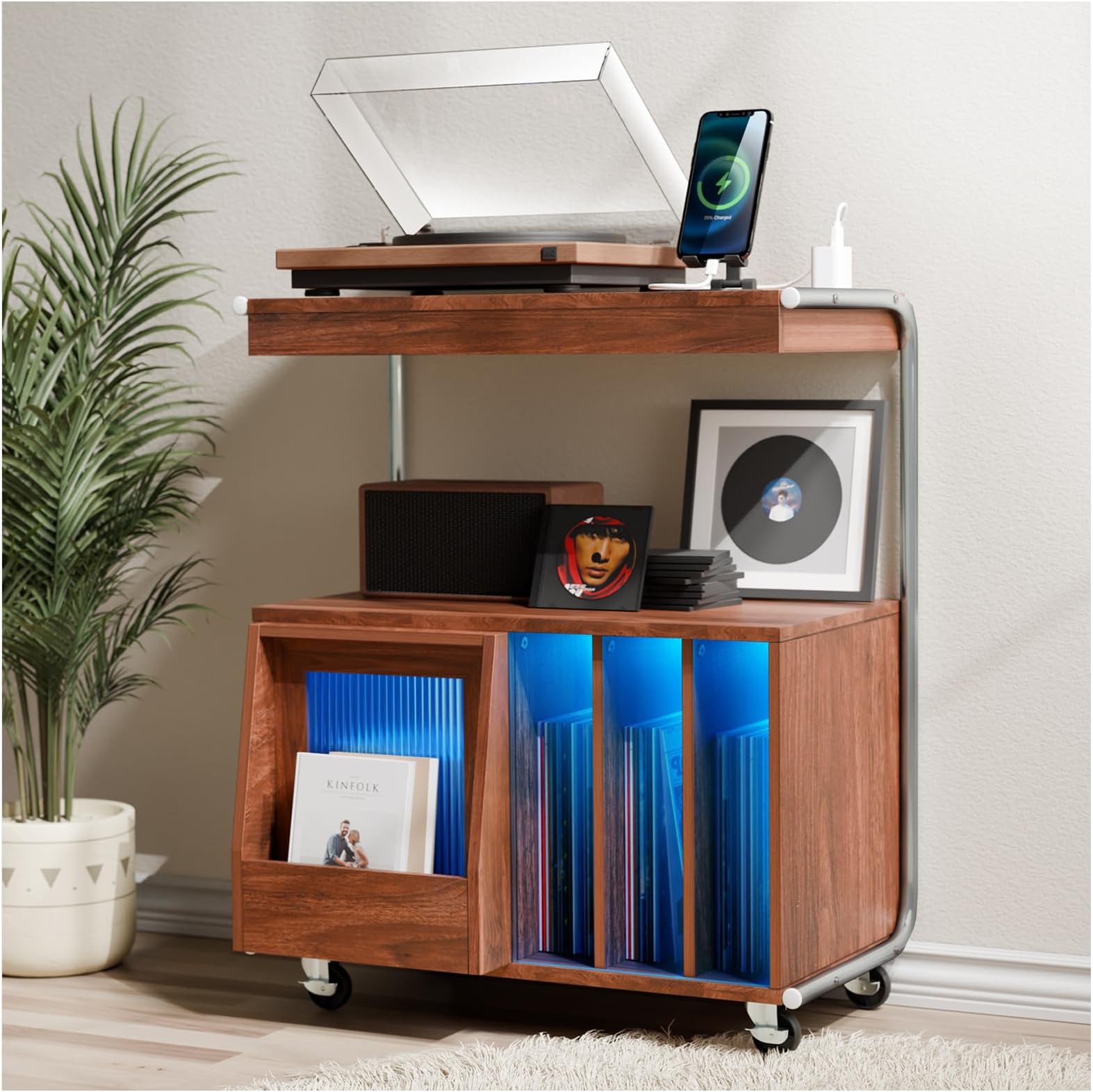 Large Record Player Stand with Sliding Door and Wheels,200 Vinyl Record Storage Cabinet, Record Player Table with Power Outlet & LED Light,Turntable Stand with Wood Legs for Living Room,Bedroom